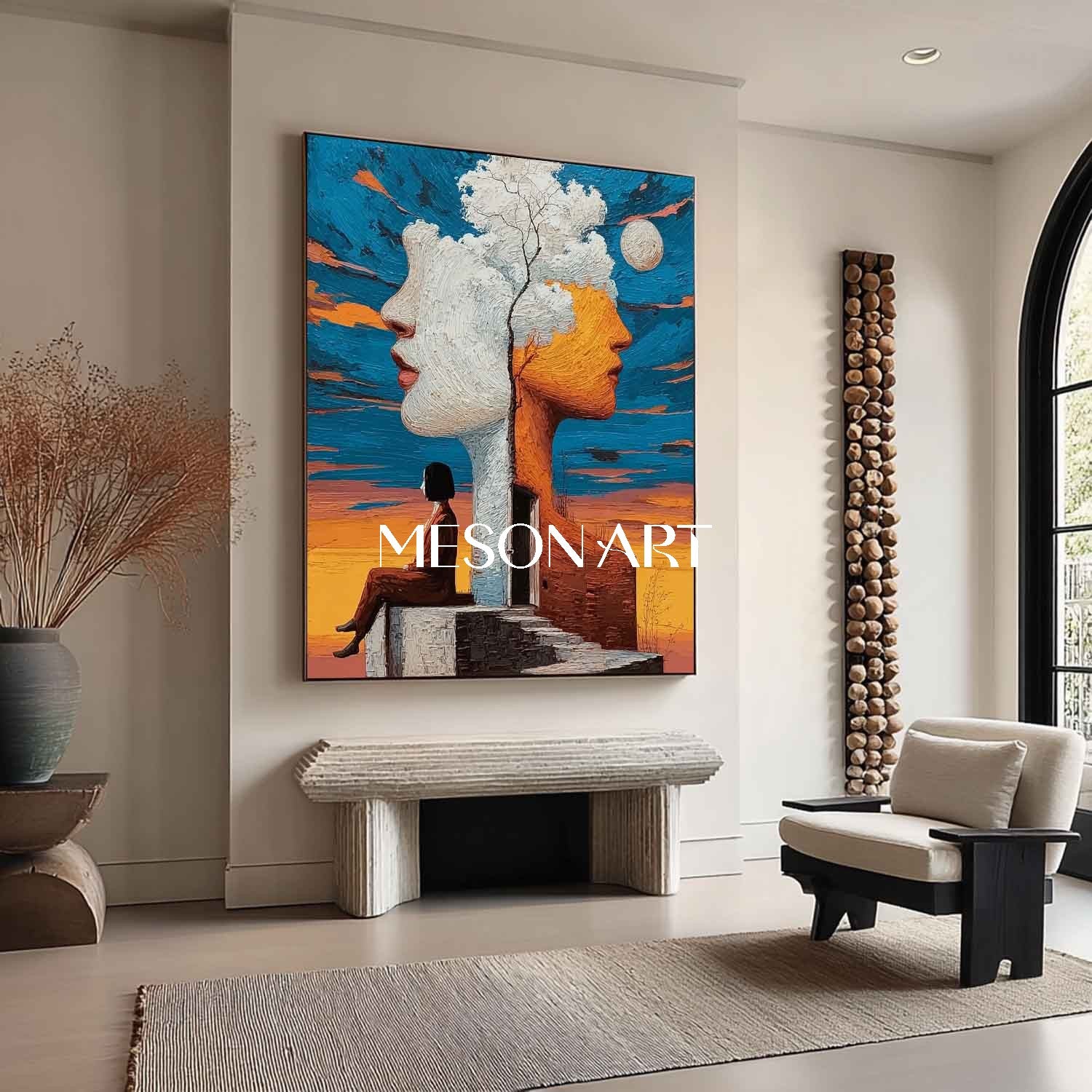 Surreal Man on Stairs Artwork Surreal Staircase Wall Art Emotional Surreal Canvas Printing