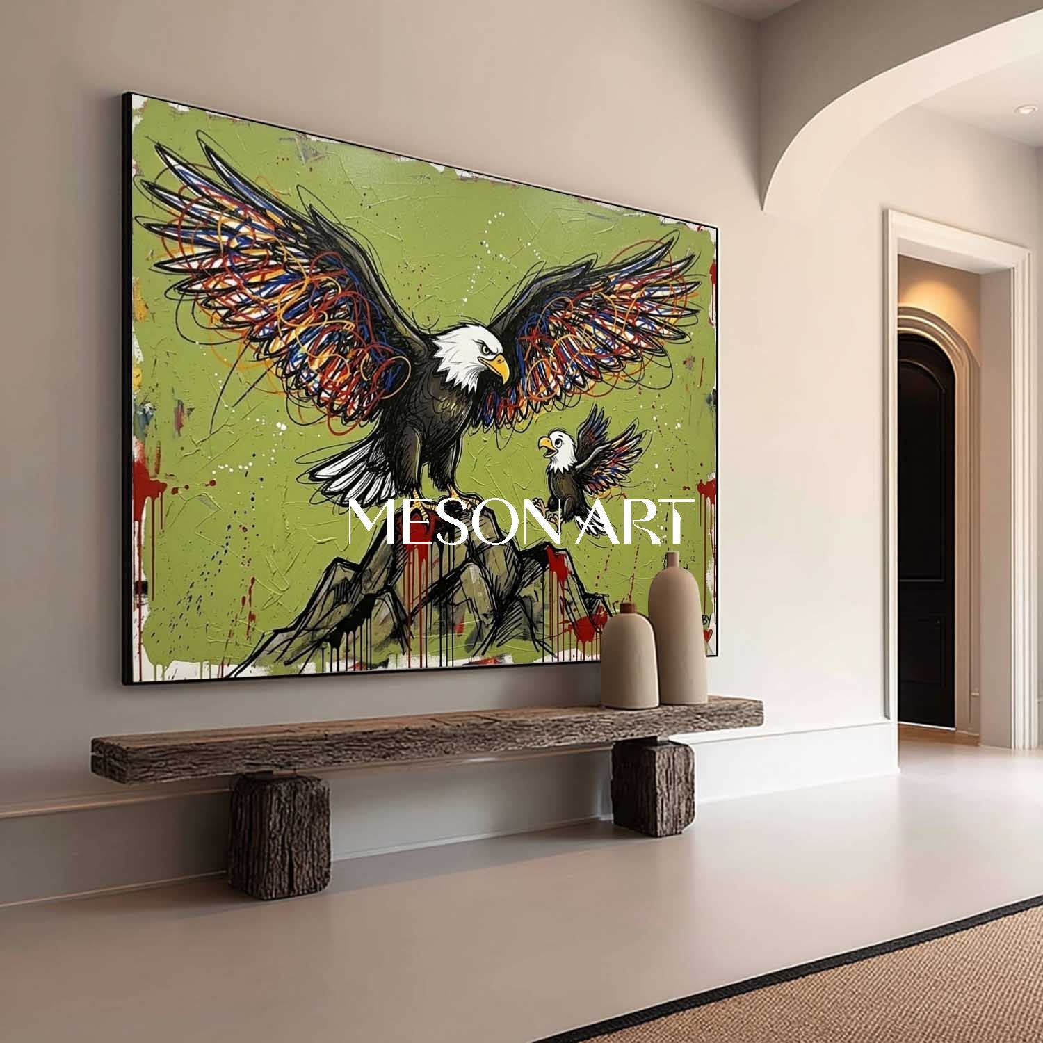 Modern Graffiti Bald Eagle Mother & Baby Teaching to Fly Canvas Wall Art