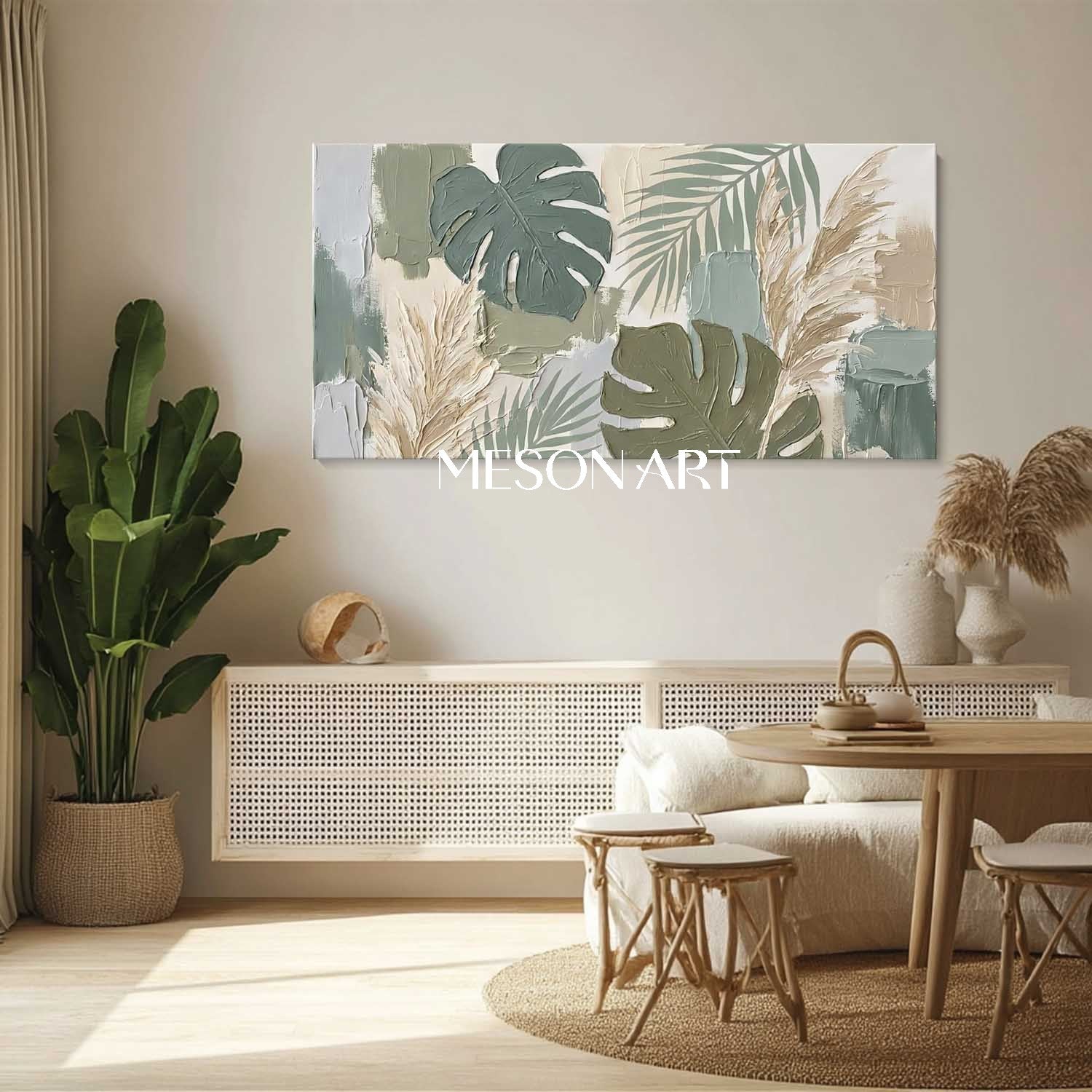 Large Panoramic Boho Art 3D Textured Monstera Art Green Canvas Painting