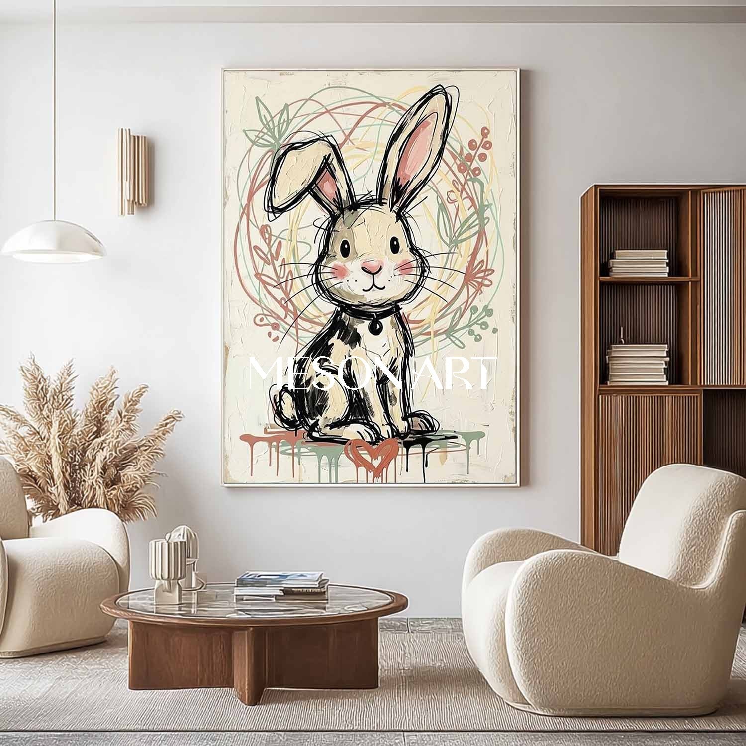 Cute Bunny Plaster Textured Wall Art Painting Kids Nursery Decor
