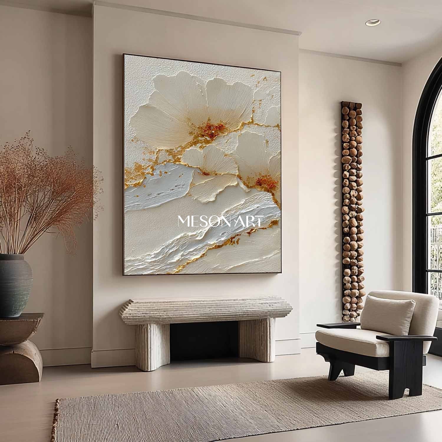 Gold and white flowers plaster art white flowers wall art decor Flowers texture canvas painting