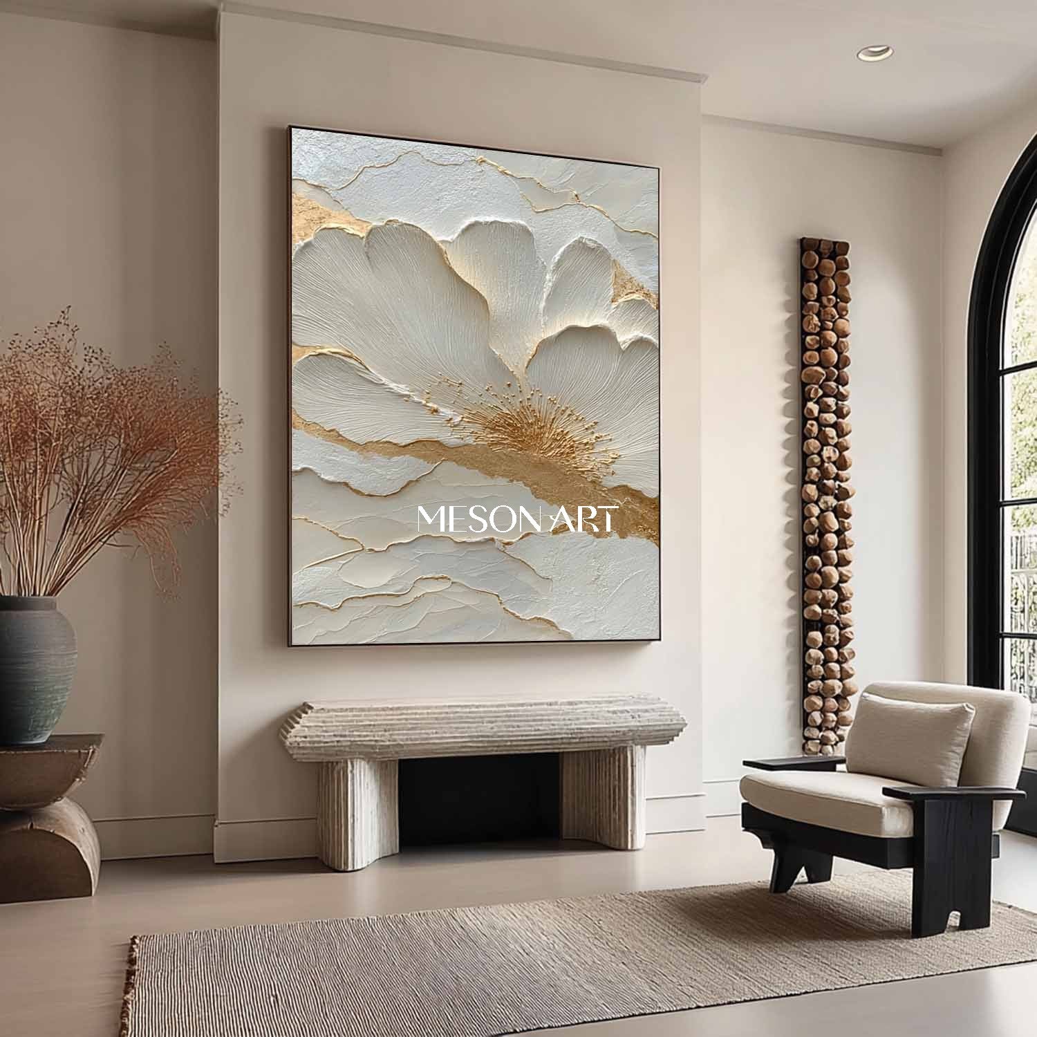 White Flower Art Decoration Gold and White Flowers Plaster Art Canvas Flower Texture Wall Painting