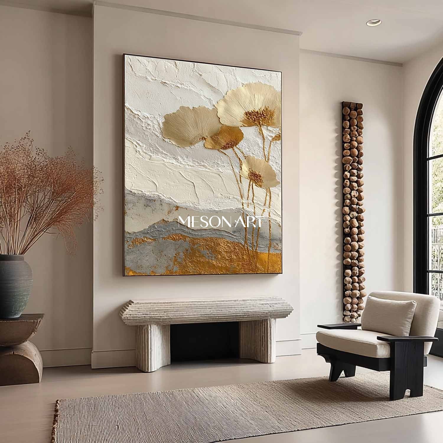 Golden Flower Art Decoration Gold and White Flowers Plaster Art Canvas Flower Texture Wall Paintings