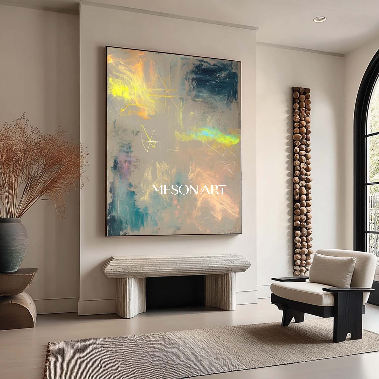 Large Gold and light blue abstract canvas art for sale modern wall art decor gold abstract art