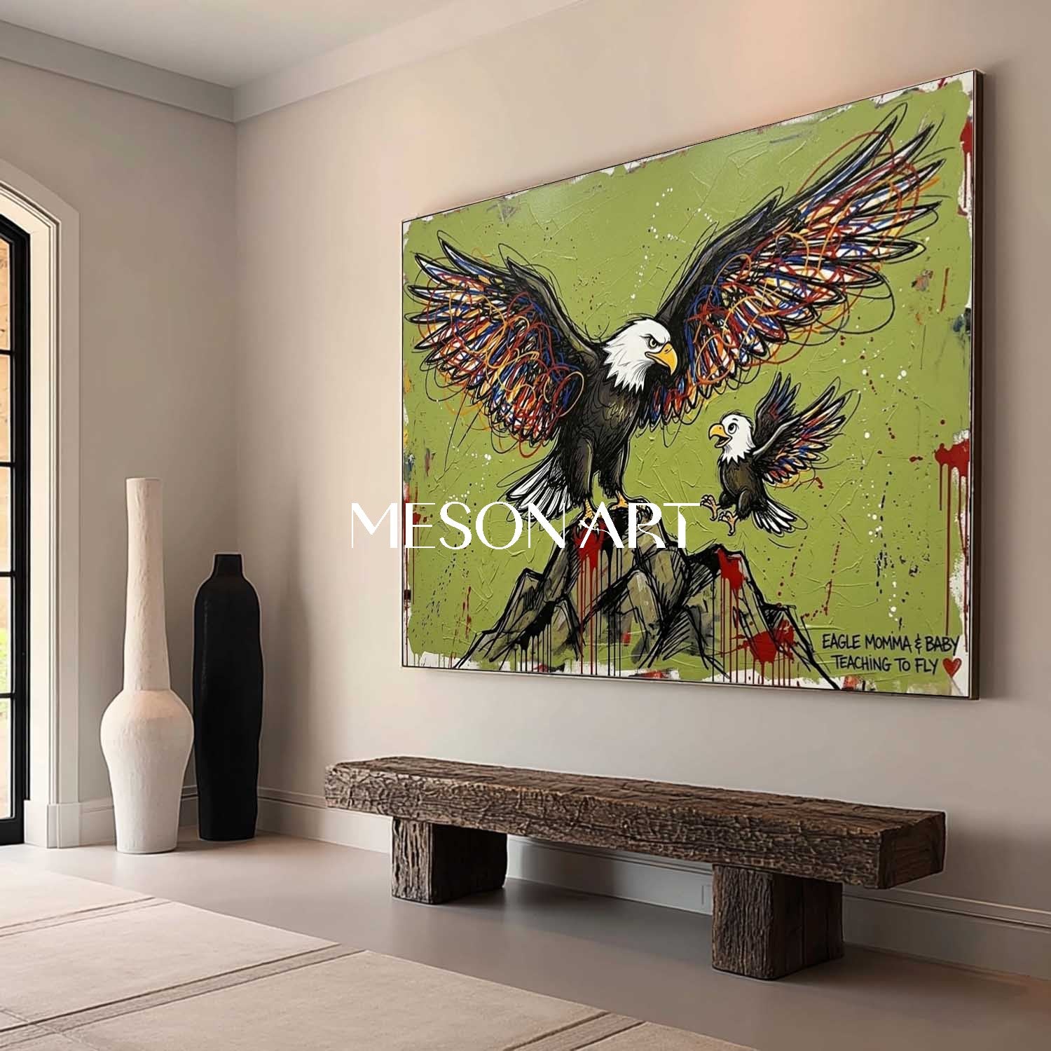 Modern Graffiti Bald Eagle Mother & Baby Teaching to Fly Canvas Wall Art