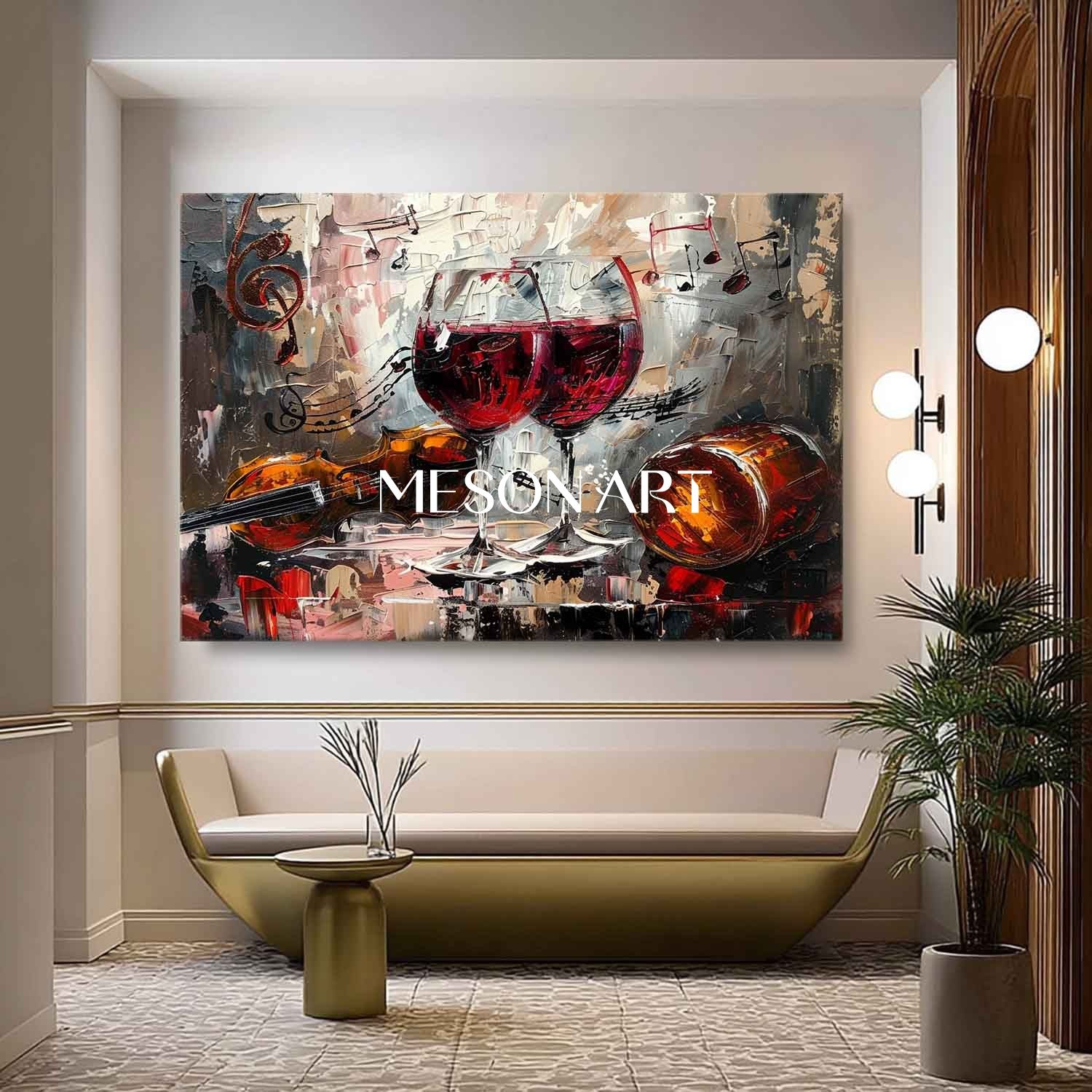 Large Red Wine Glass and Music Abstract Canvas Art for Sale Music and Wine Wall Art Decor