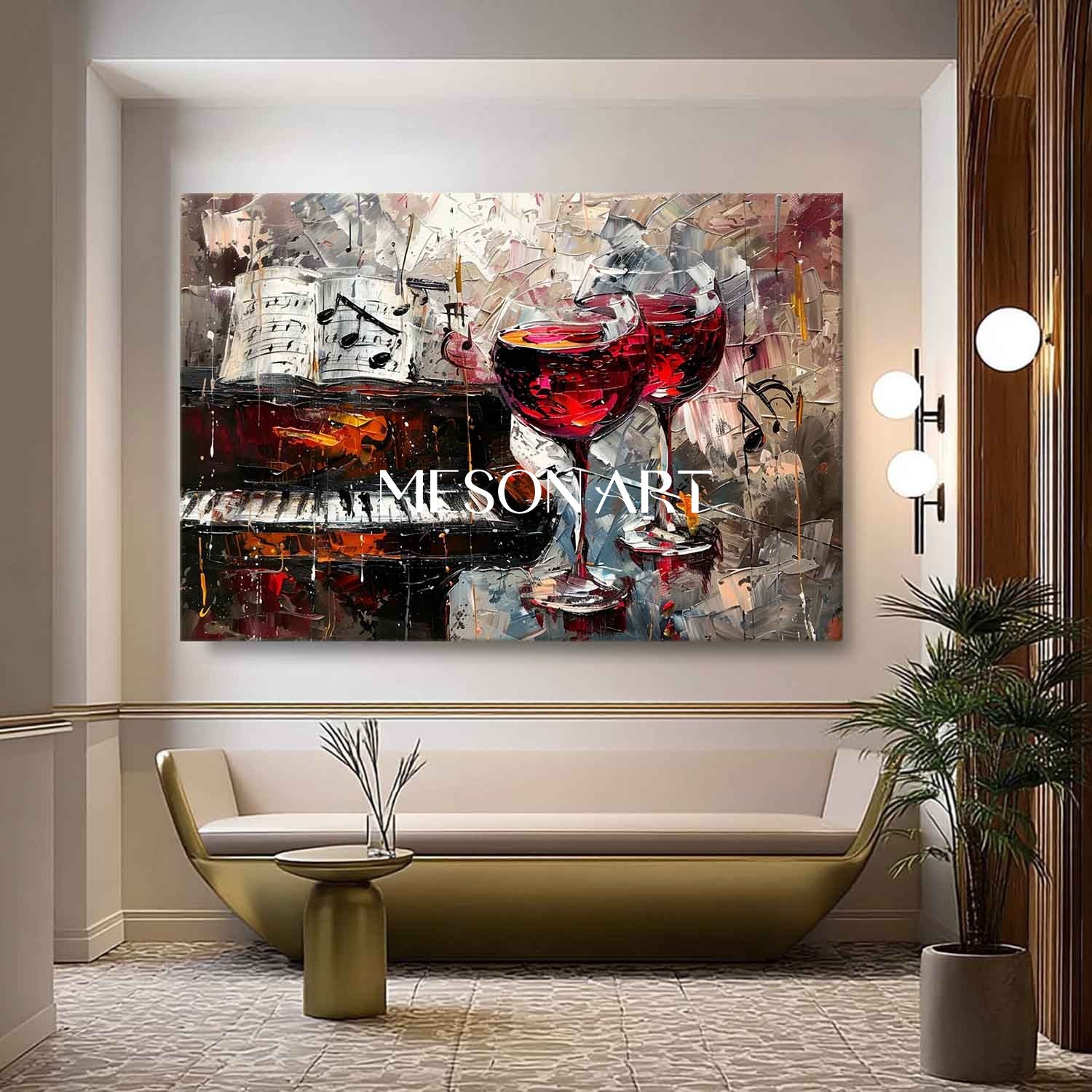 Large Red Wine Glass and Piano Abstract Canvas Art for Sale Piano and Wine Wall Art Decor