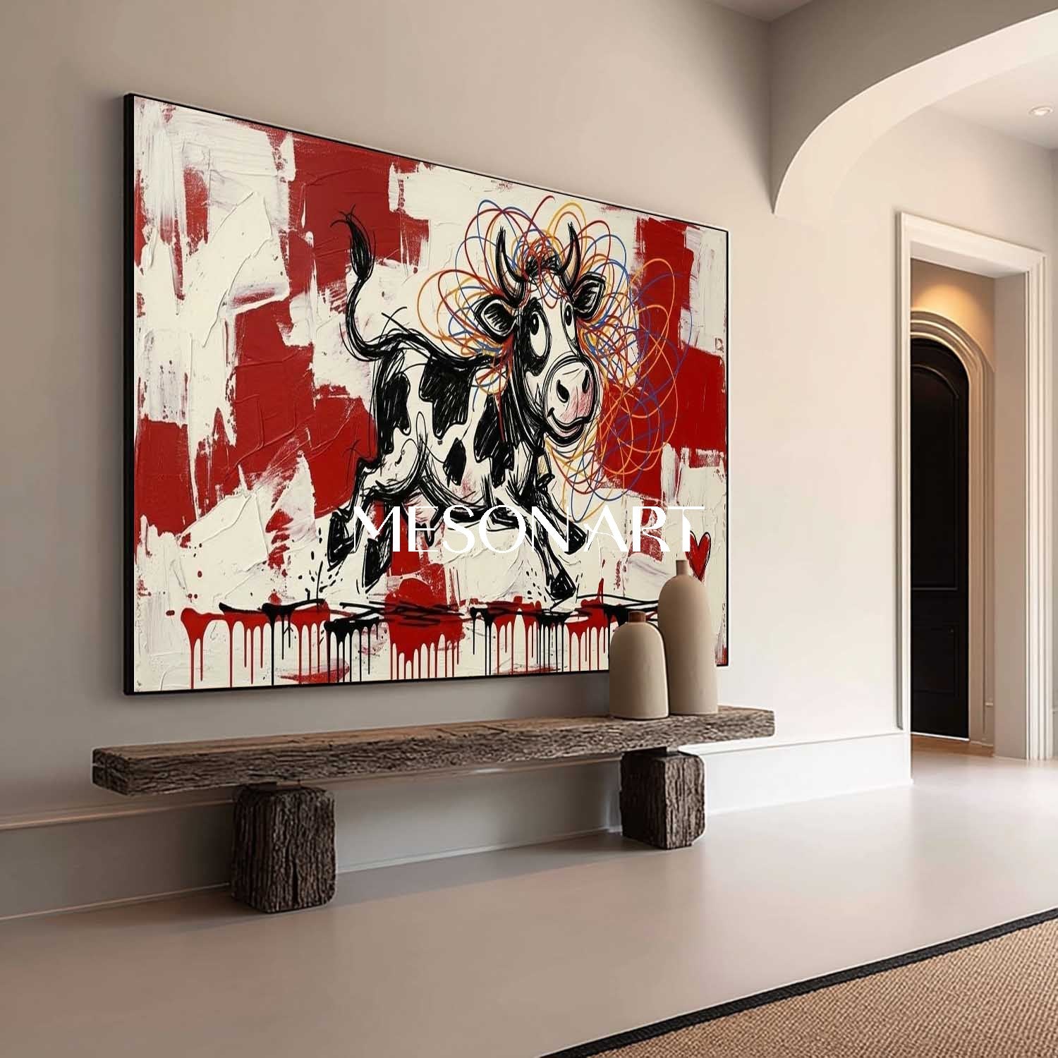 Contemporary Street Art Cartoon Cow Colorful Yarn Ball Living Room Painting