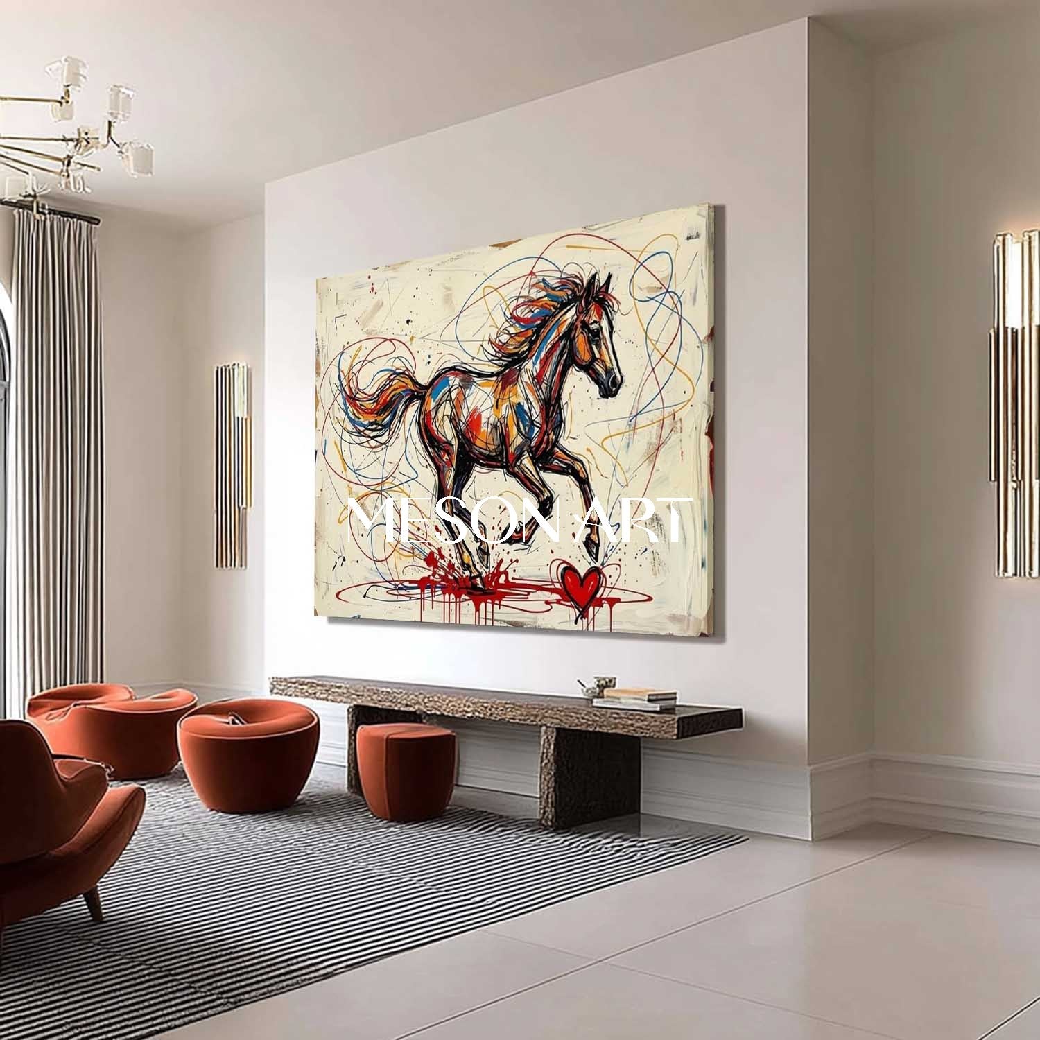 MesonArt Abstract Running Horse Canvas Painting Colorful Graffiti Textured Wall Art