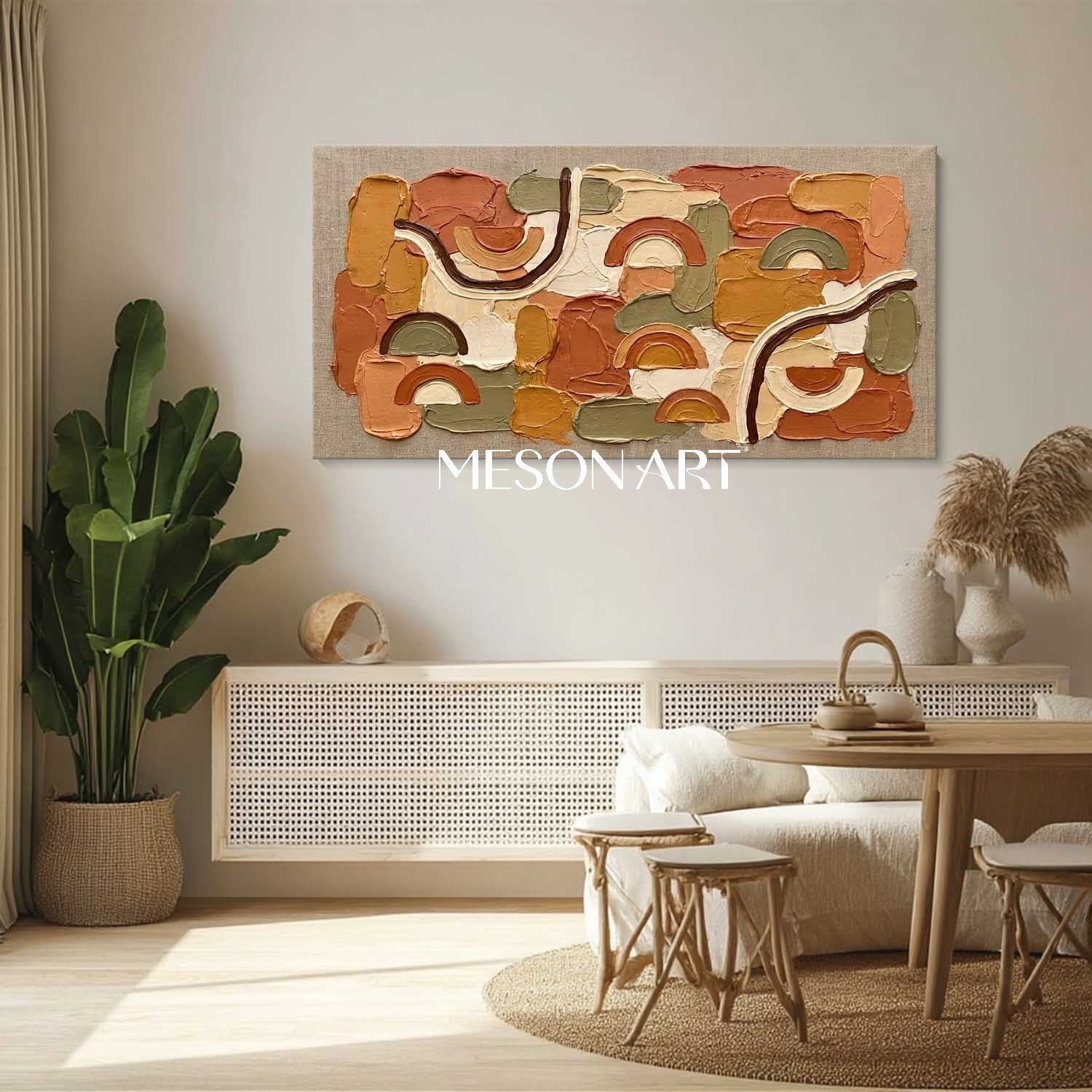 Bohemian Minimalist Oil Painting Abstract Textured Art With Arched Lines.