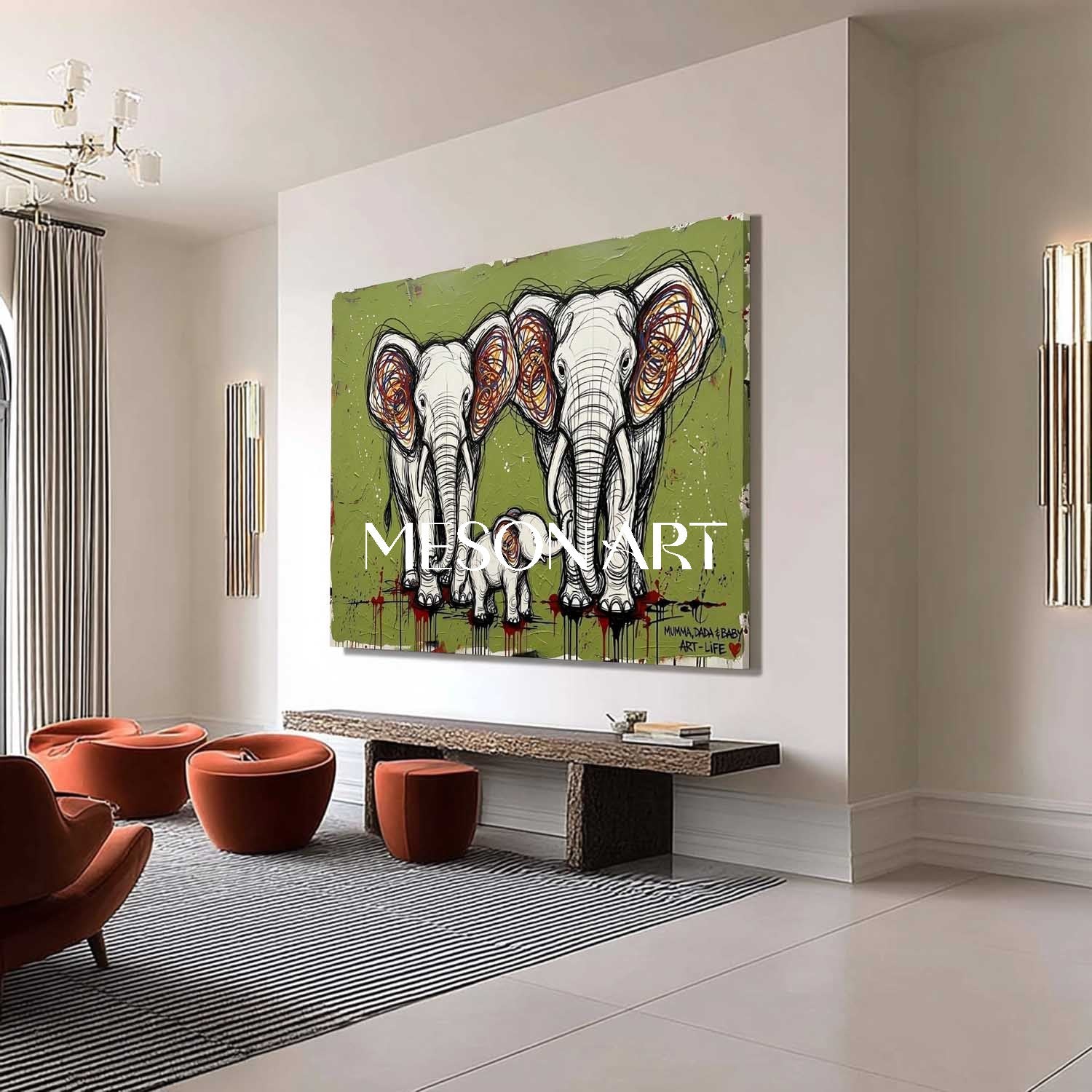 Textured Elephant Family Canvas Wall Art, 3D Pop Street Art For Living Room & Nursery Decor - MesonArt