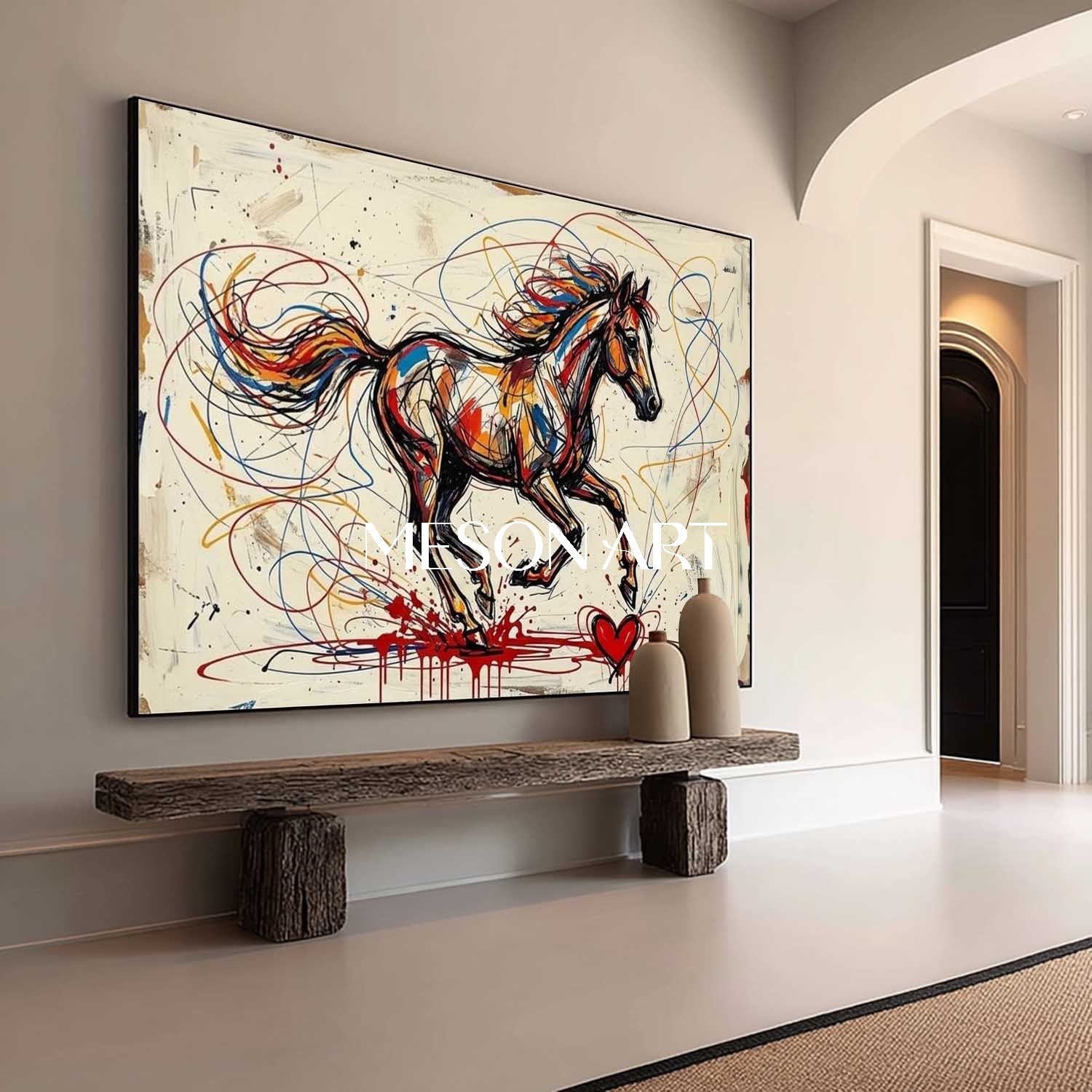 MesonArt Abstract Running Horse Canvas Painting Colorful Graffiti Textured Wall Art