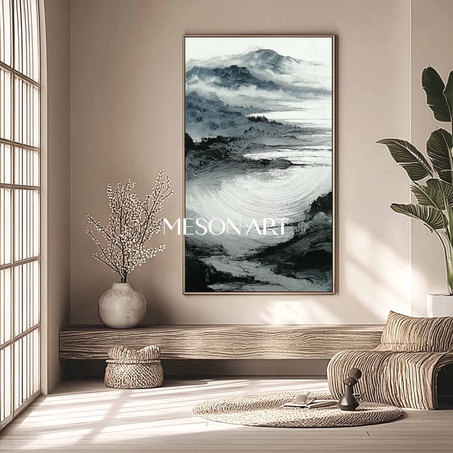 Large Black White Wabi Sabi Landscape Canvas Narrow Art Hallway Decor