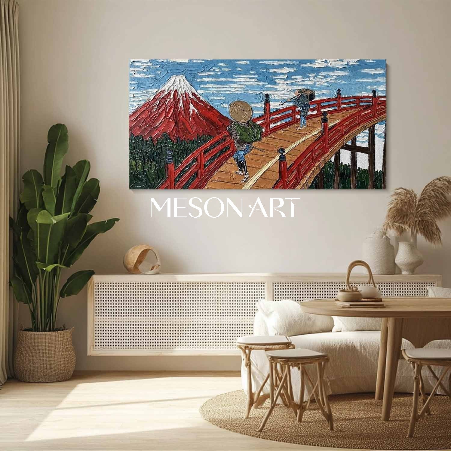 Red Mt Fuji & Japanese Bridge Art - 3D Textured Panoramic Oil Painting