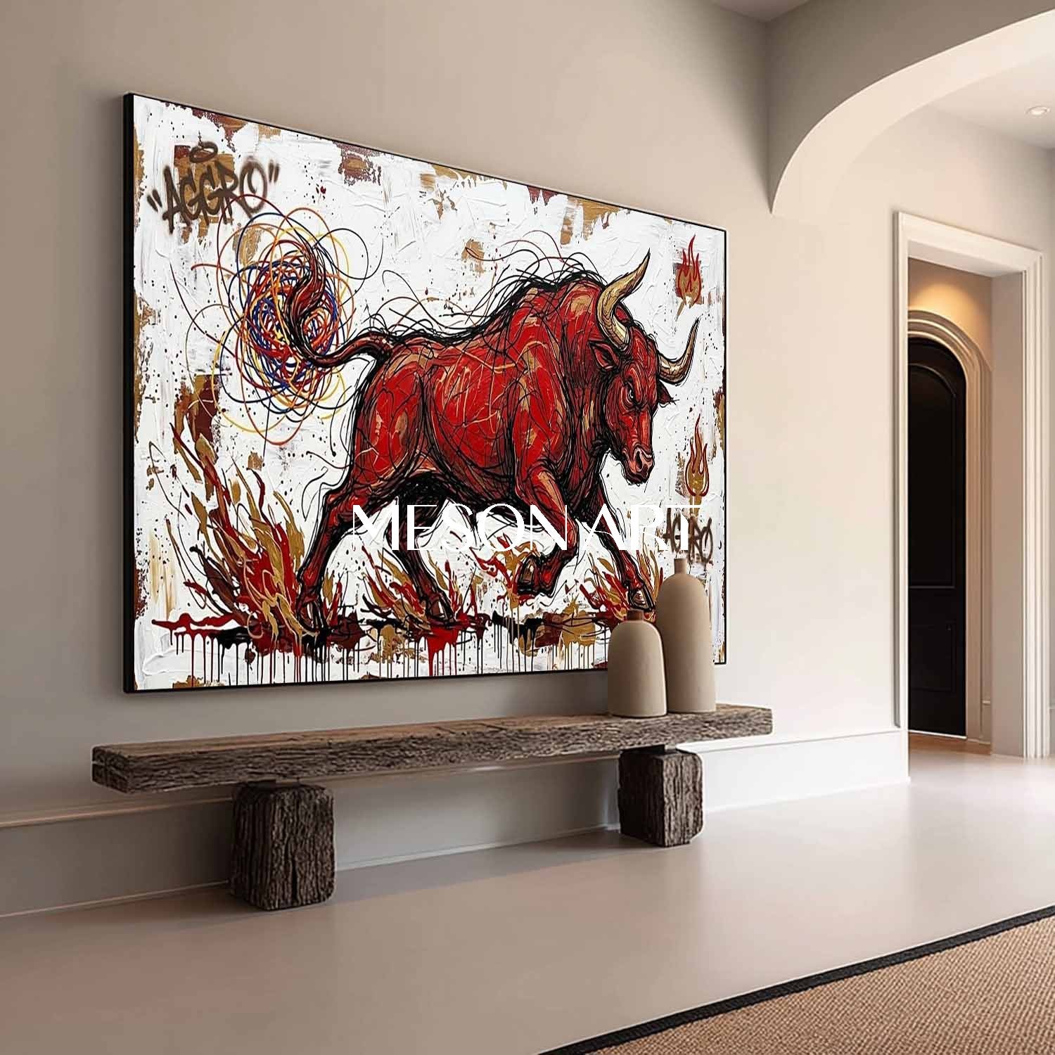 Aggro Red Bull Graffiti Canvas Painting 3D Textured Modern Wall Art for Office & Living Room