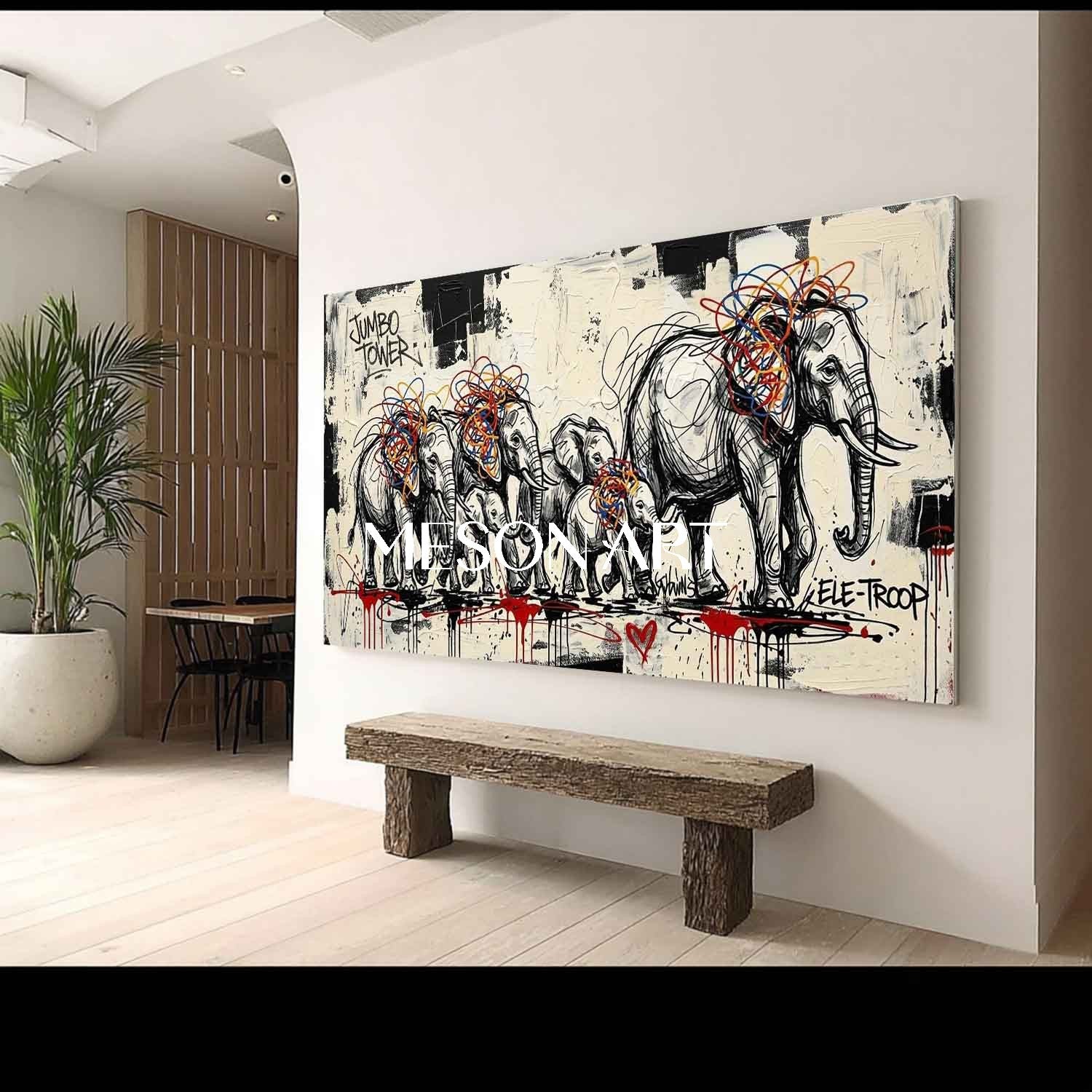 Large Elephant Canvas Art Graffiti Animal Wall Decor Elephant Family Painting