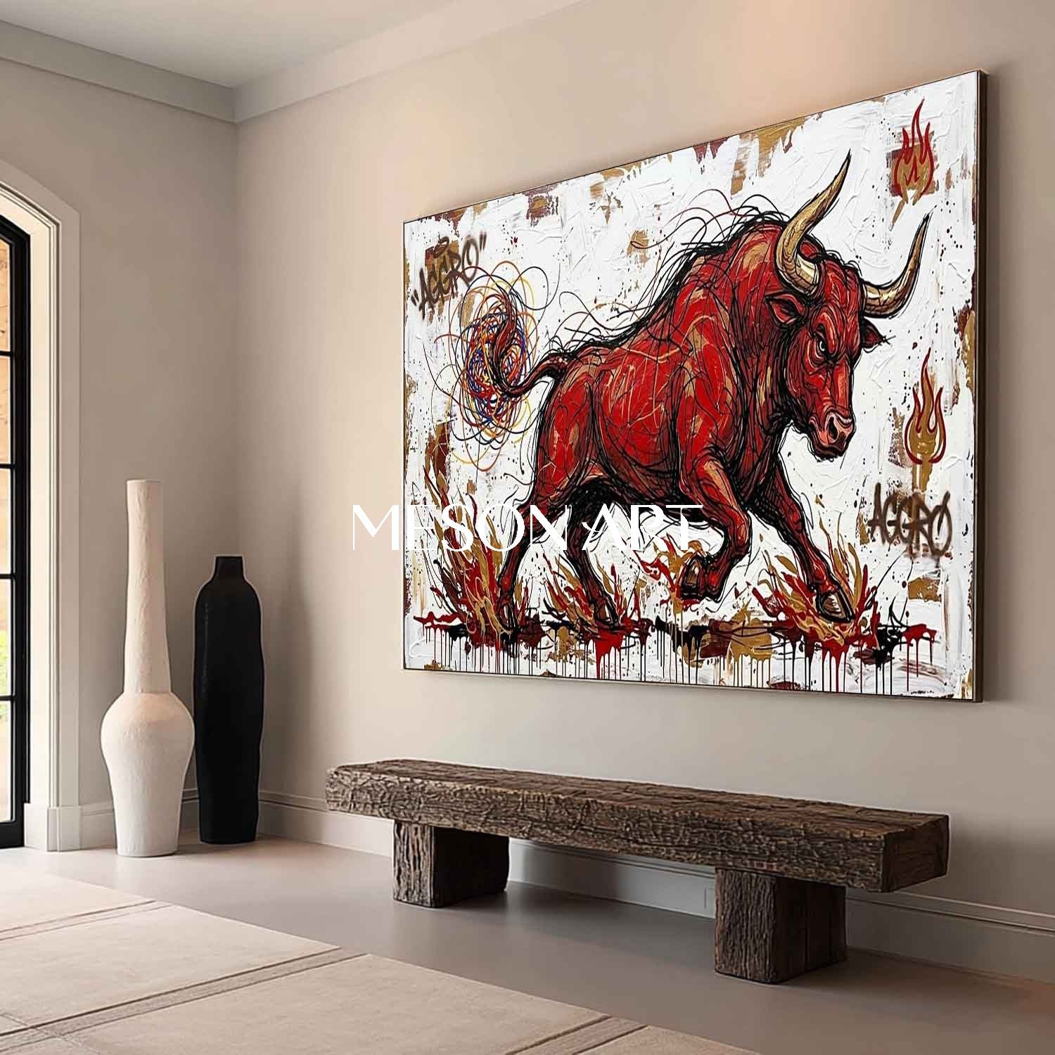 Aggro Red Bull Graffiti Canvas Painting 3D Textured Modern Wall Art for Office & Living Room