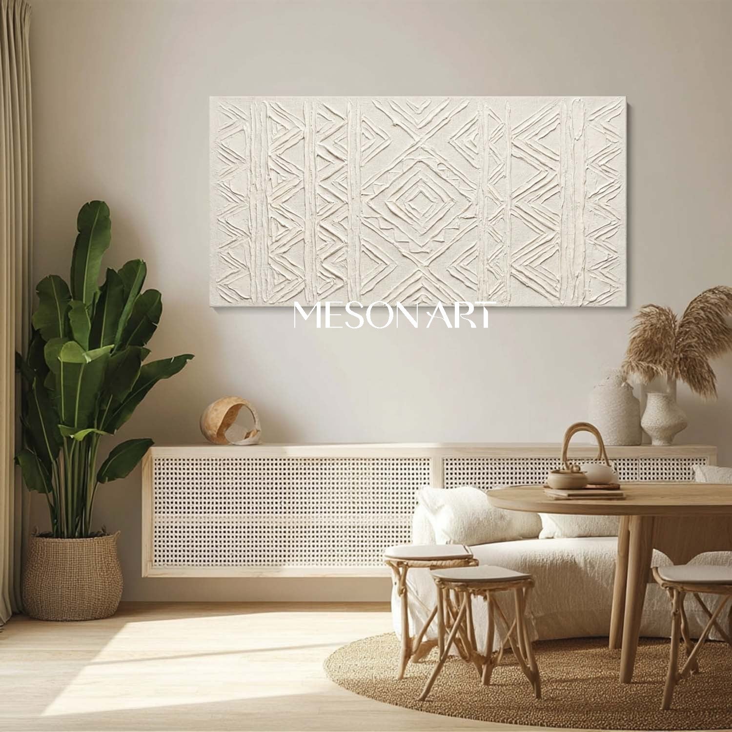 Panoramic White Tribal Geometric Art | 3D Boho Mudcloth Texture