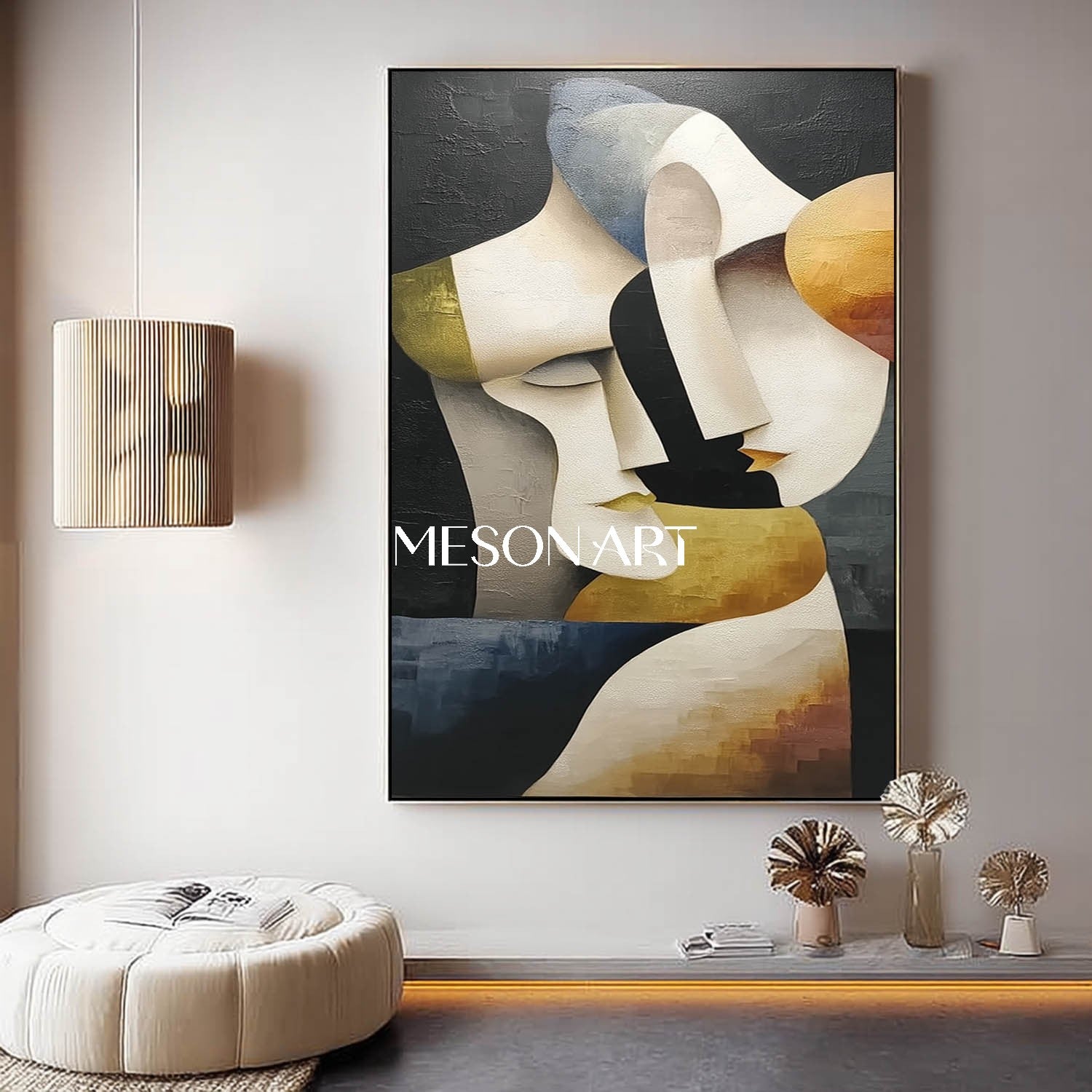 Original Vertical Luxury Cubist Couple Black Gold Hand-Painted Canvas