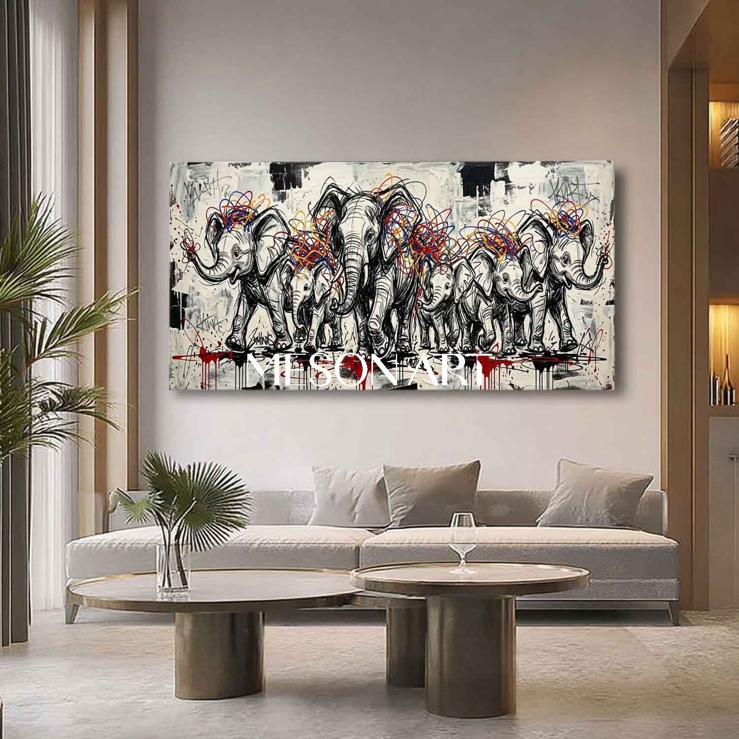 Modern Abstract Elephant Family Canvas Painting Graffiti Animal Wall Decor