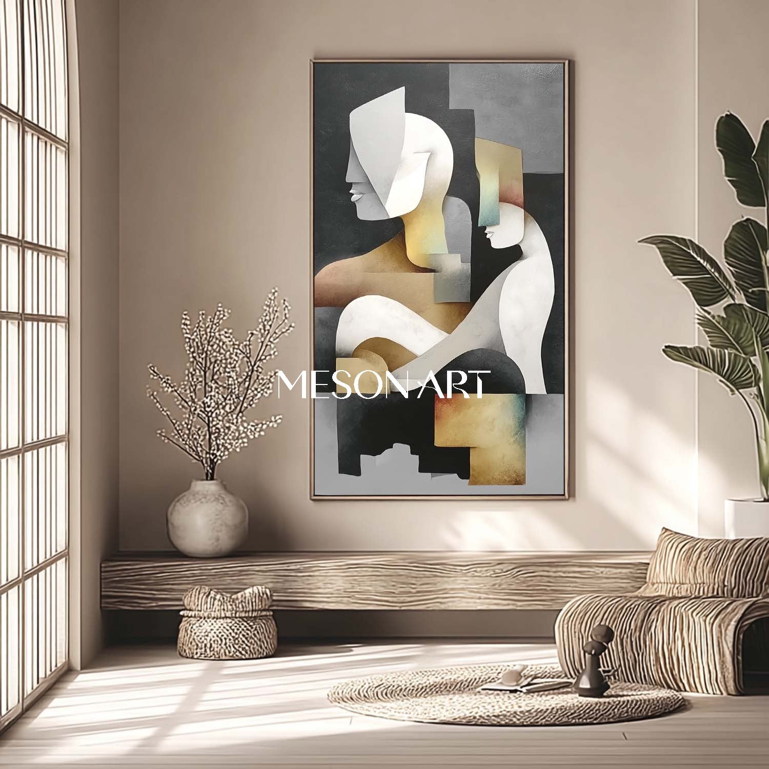 Black Vertical Modern Cubist Geometric Oil Painting Wall Art Entryway