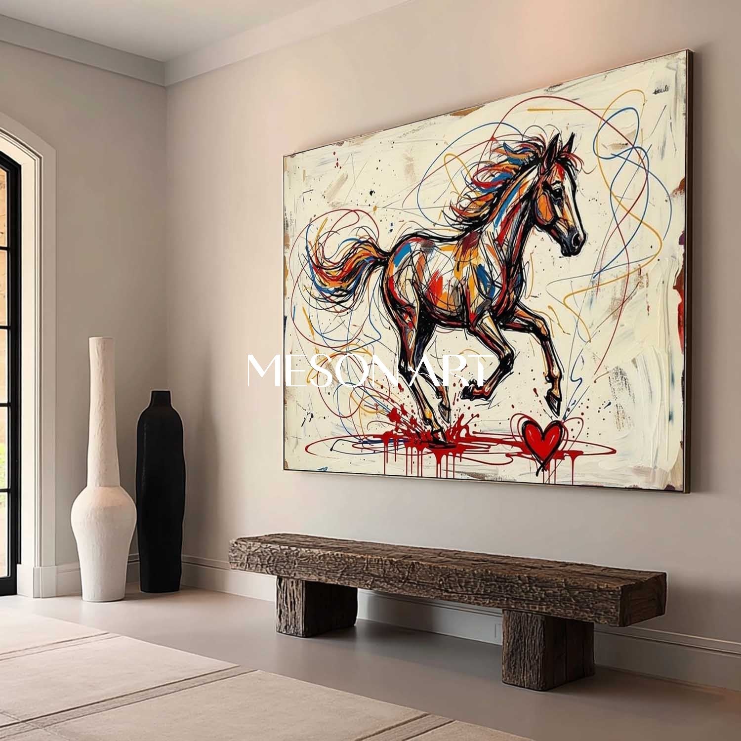 MesonArt Abstract Running Horse Canvas Painting Colorful Graffiti Textured Wall Art