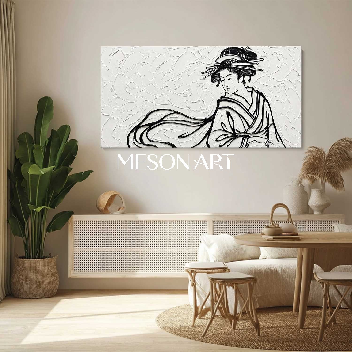 Panoramic 3D Textured Geisha Canvas | Black And White Japandi Wall Decor