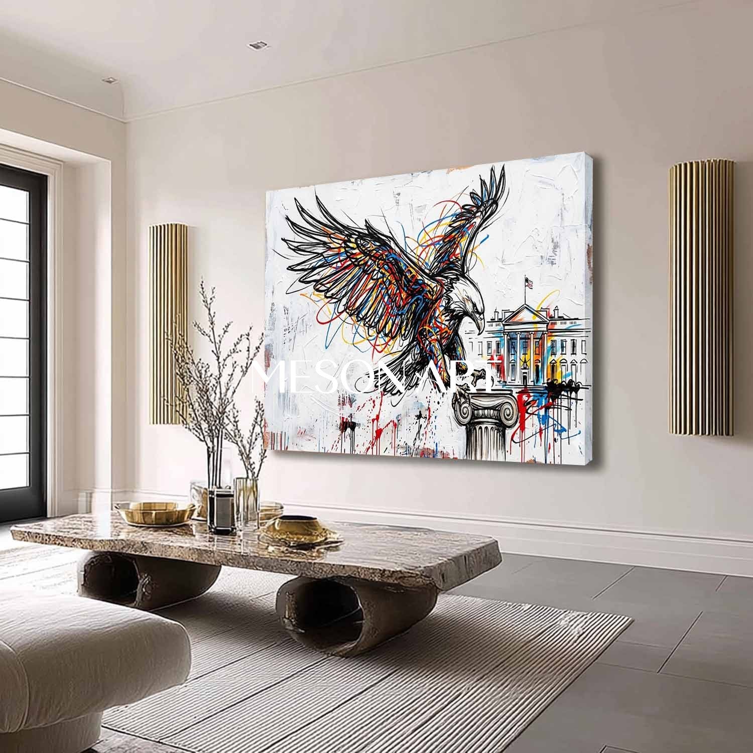 Modern Pop Art Bald Eagle & White House Textured Canvas Painting Abstract Line Art Eagle Graffiti Style Animal Art