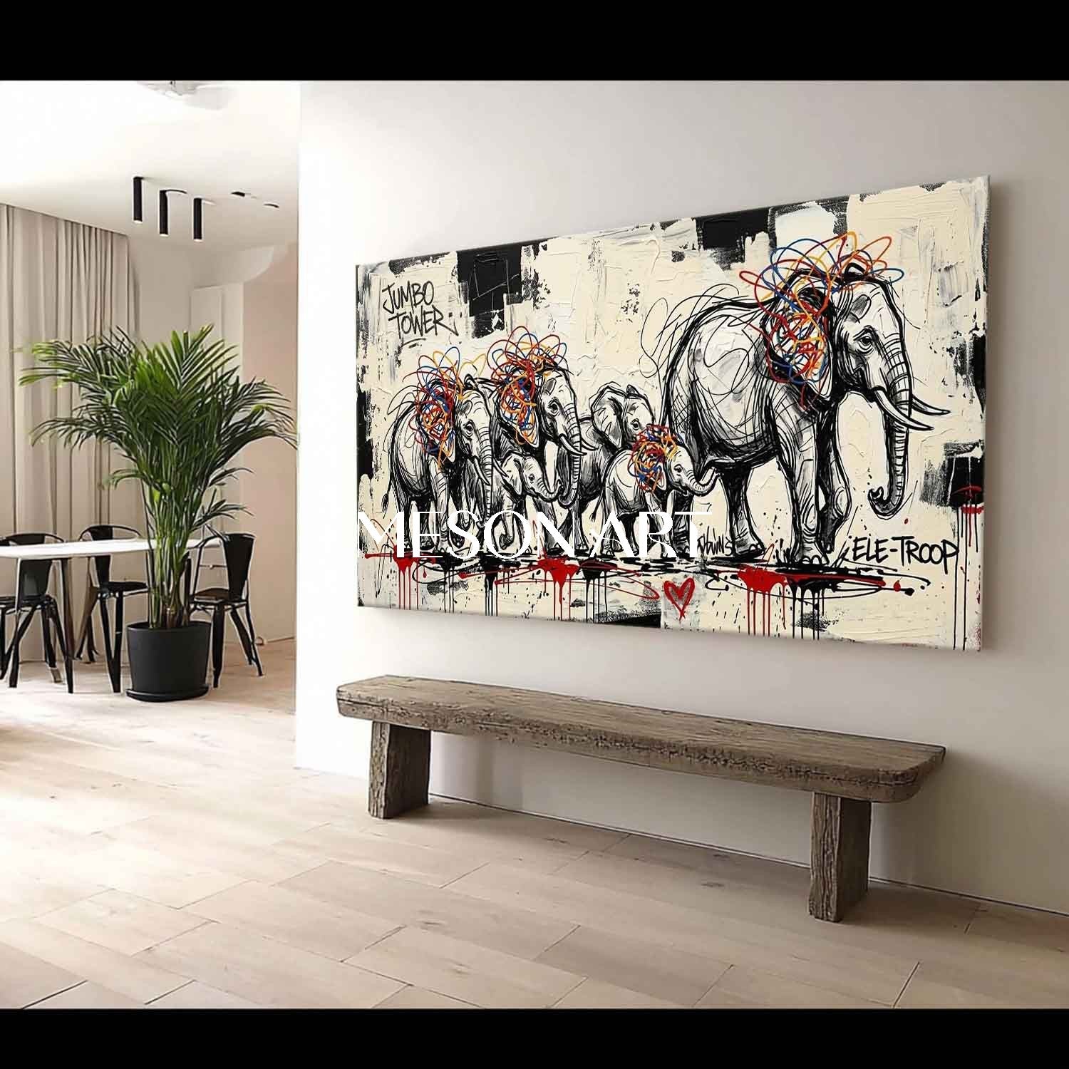 Large Elephant Canvas Art Graffiti Animal Wall Decor Elephant Family Painting
