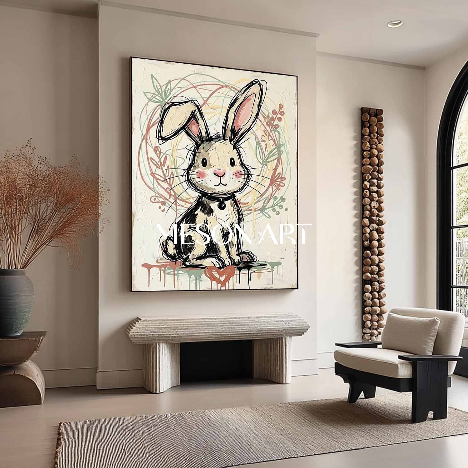 Cute Bunny Plaster Textured Wall Art Painting Kids Nursery Decor