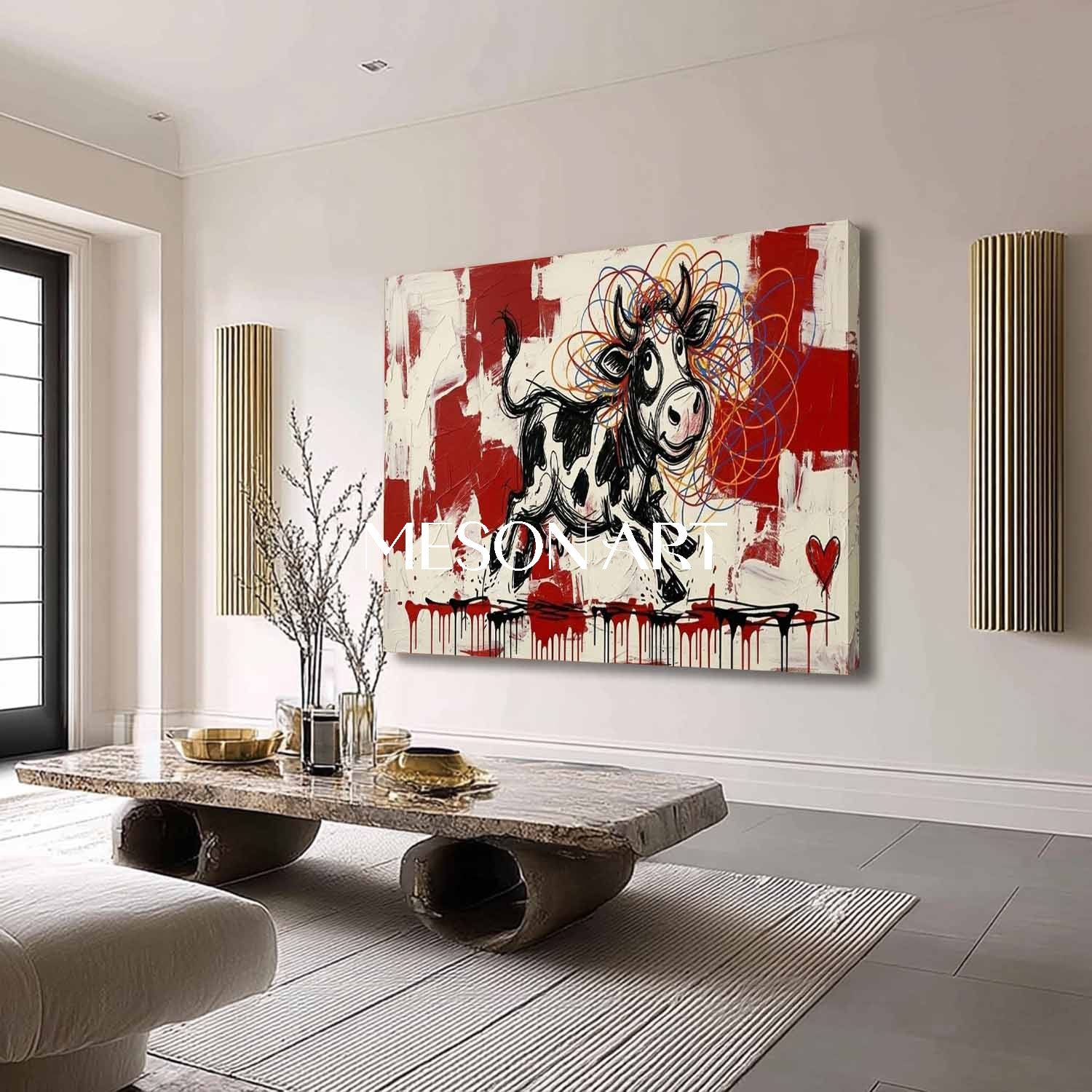 Contemporary Street Art Cartoon Cow Colorful Yarn Ball Living Room Painting