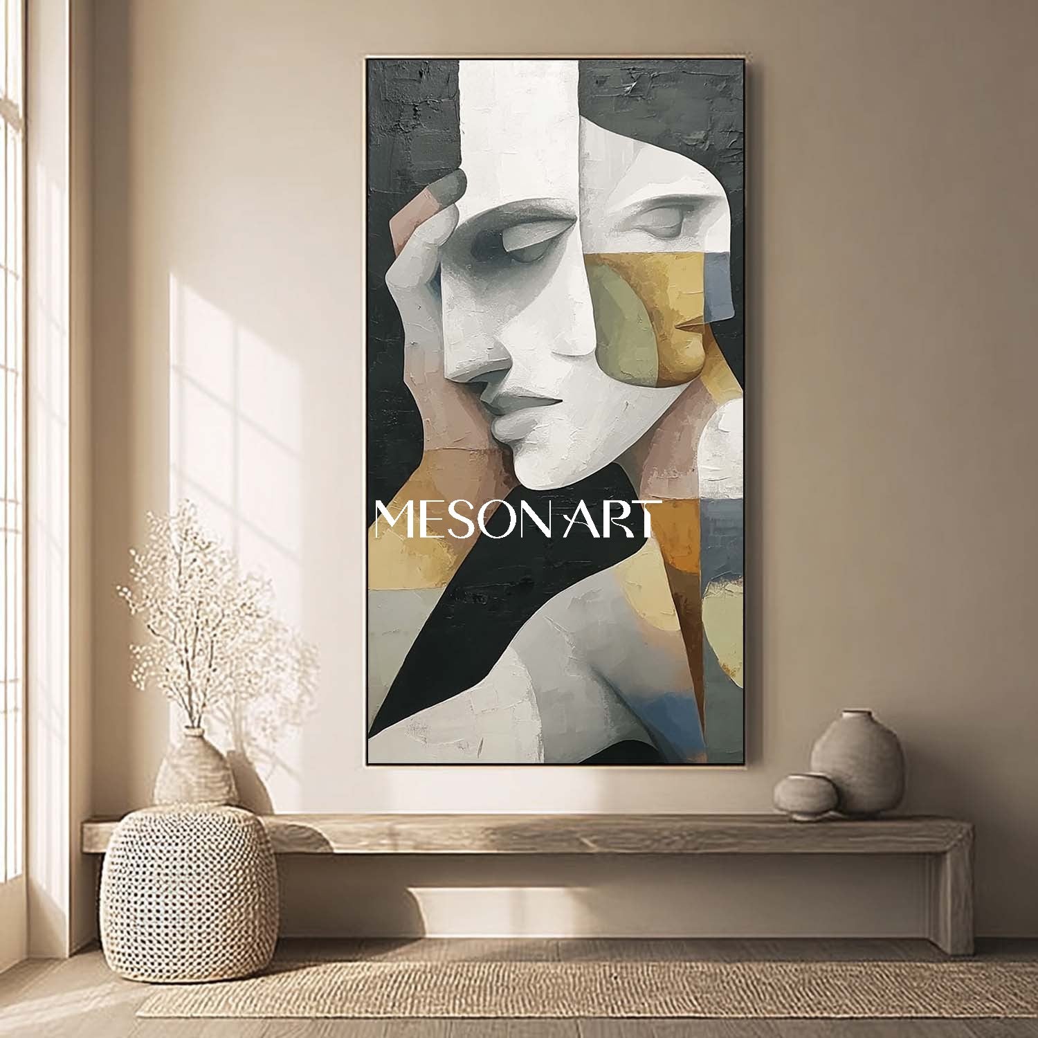 Buy Abstract Cubism Painting Textured Vertical Framed Wall Art On Sale