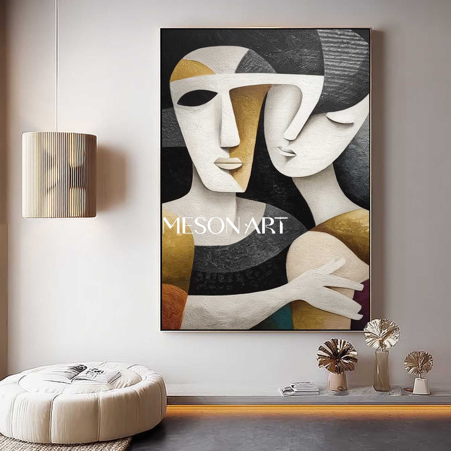 Large Black Textured Vertical Cubist Figure Art Minimalist Wall Decor