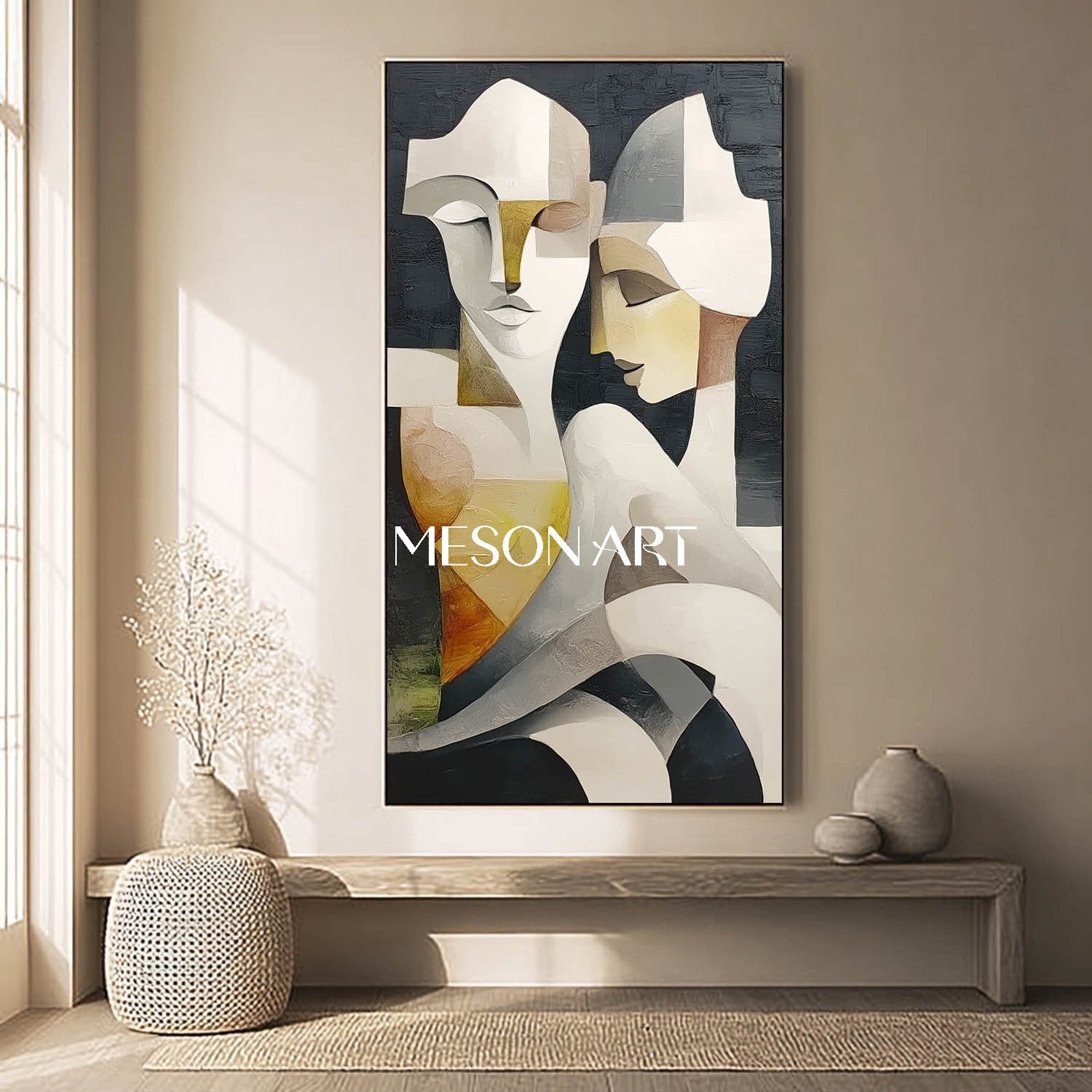 Vertical Textured Cubist Abstract Couple Large Canvas Oil Painting