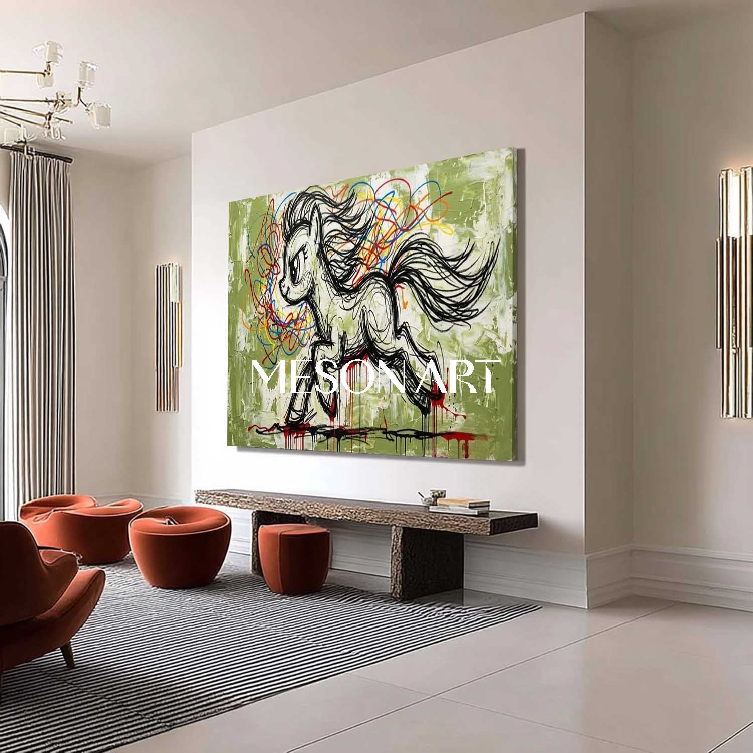 Abstract Graffiti Pony Wall Art Green Plaster Textured 3D Canvas Painting for Modern Decor