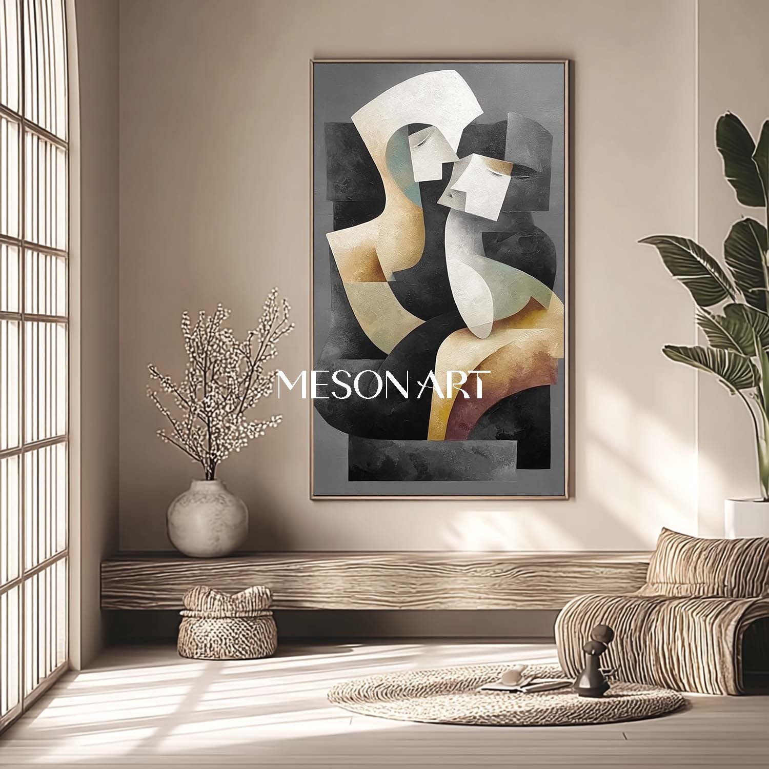 Modern Abstract Textured Canvas Black Couple Neutral Palette Artwork