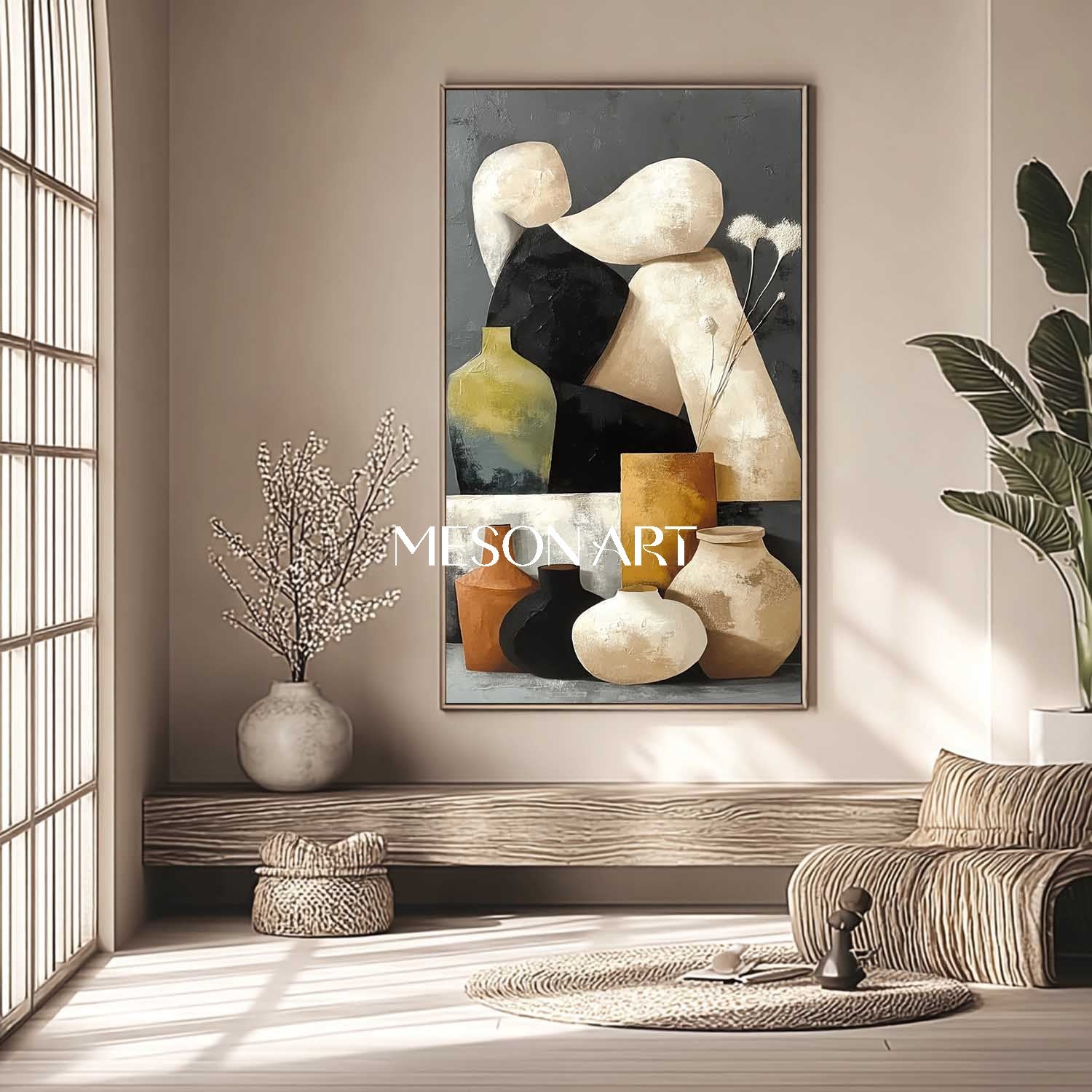 Large Vase Painting Abstract Canvas Textured Neutral Pottery Wall Art