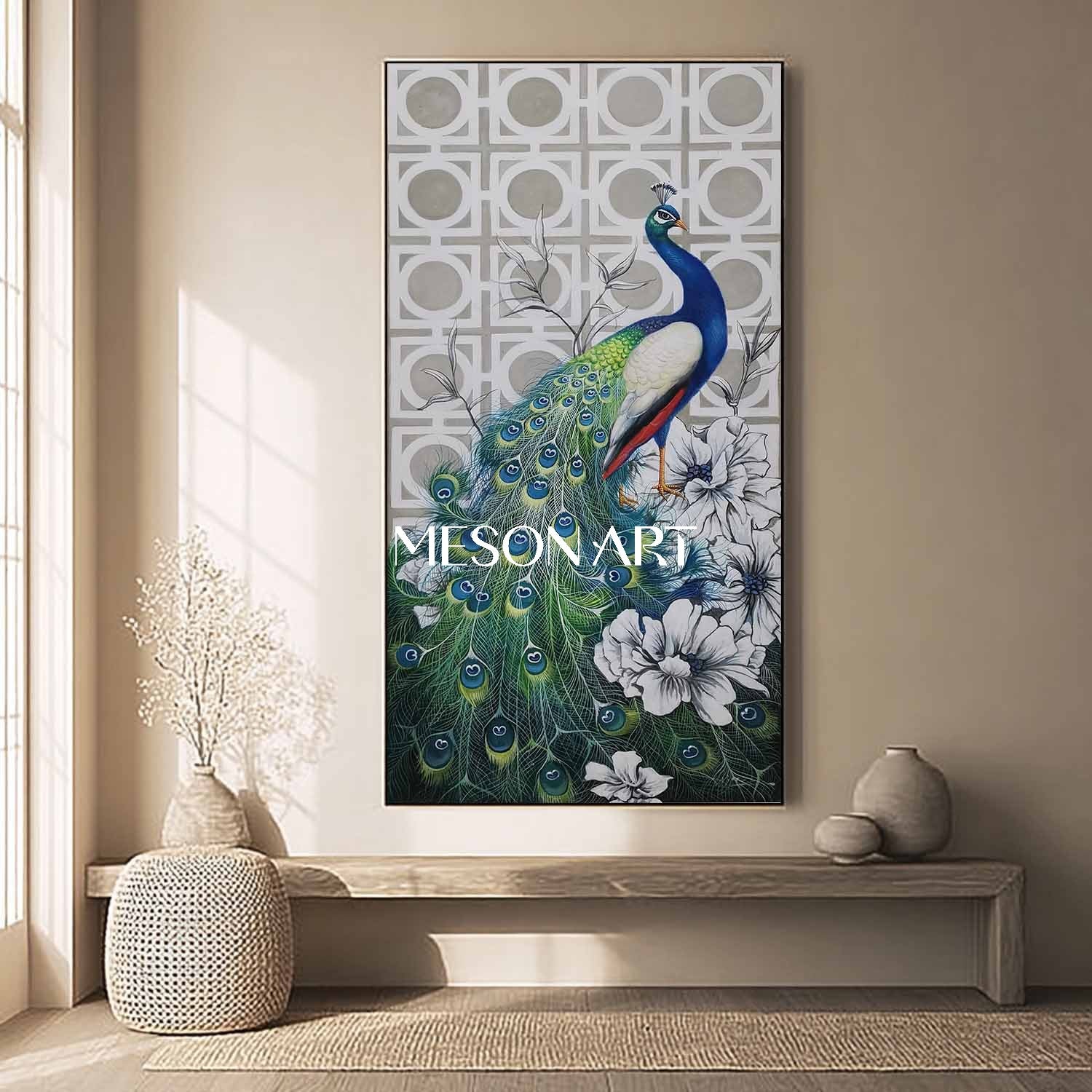 Green Peacock Modern Hand-Painted Painting Vertical Canvas On Sale
