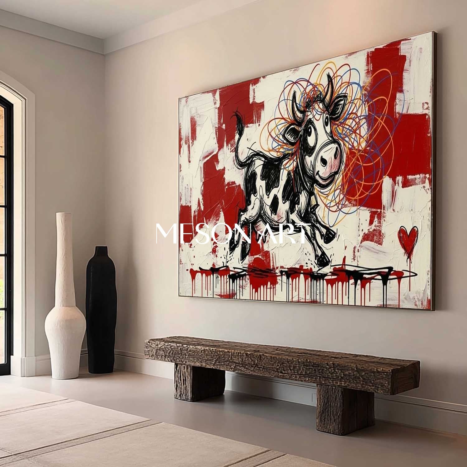 Contemporary Street Art Cartoon Cow Colorful Yarn Ball Living Room Painting