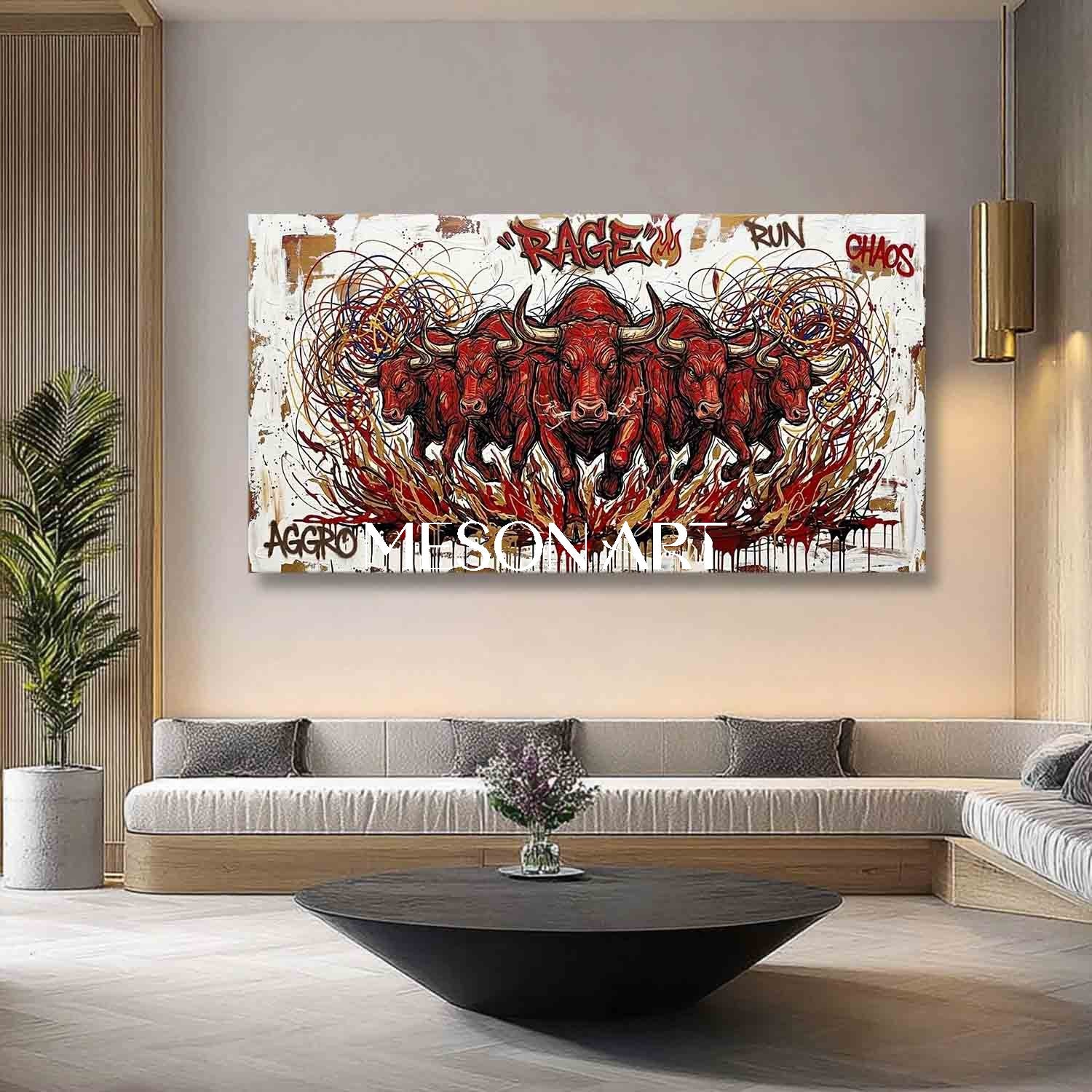 Textured Modern Red Bull Graffiti Painting on Canvas Large Panorama Framed Wall Art for Living Room