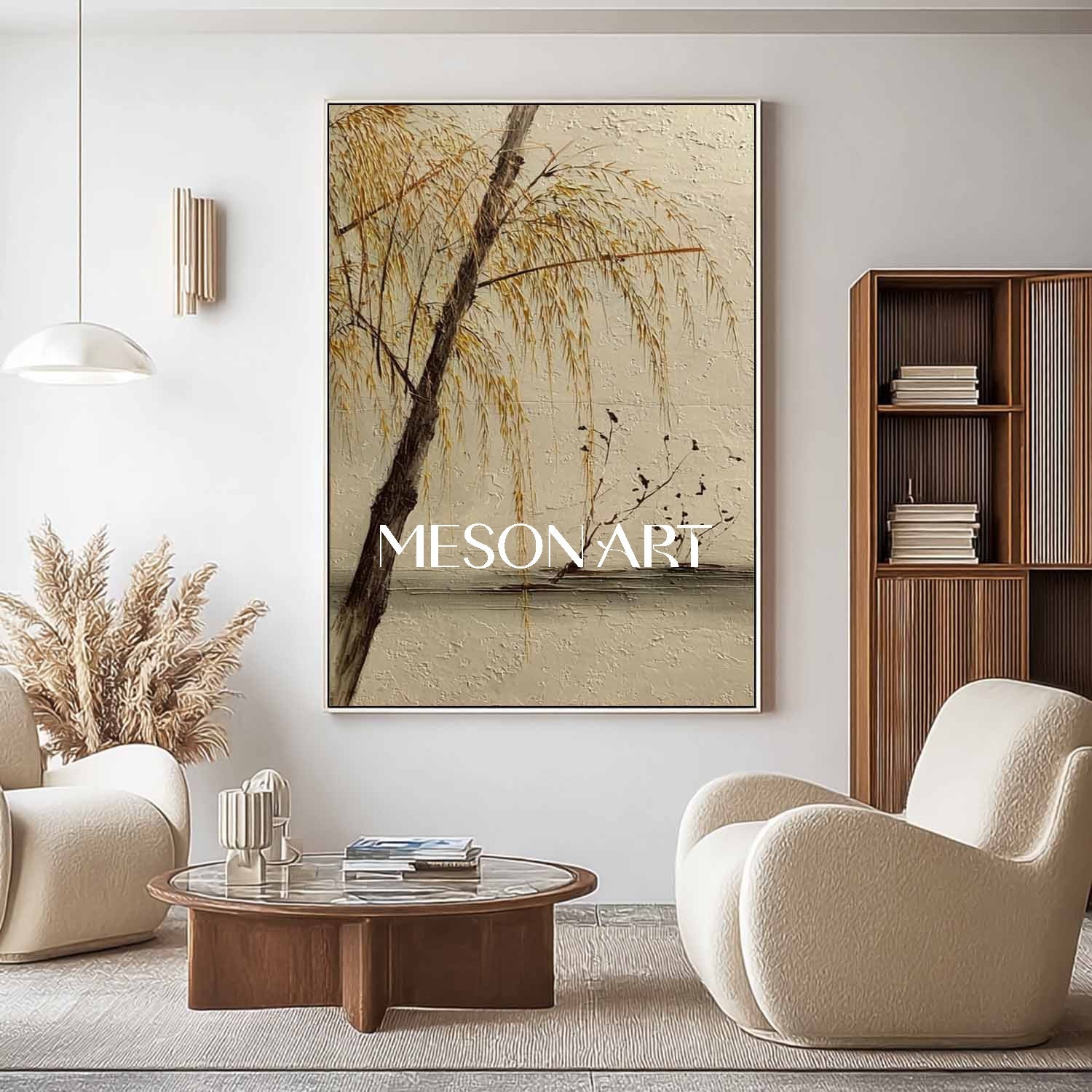 Modern Zen-Inspired Nature Painting – Willow Scene on Textured Canvas | Mesonart