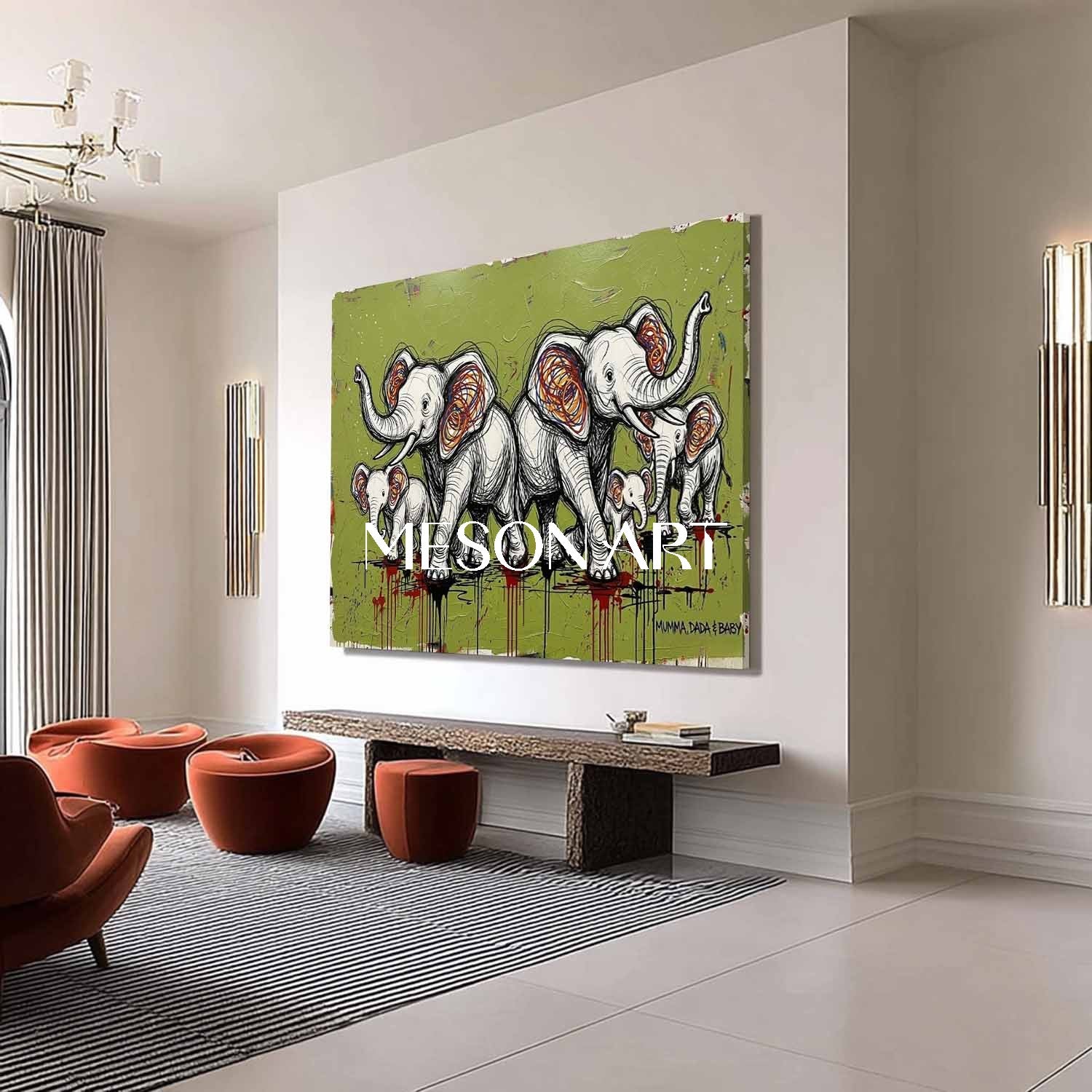Large Elephant Art Canvas Olive Green Background Contemporary Animal Art