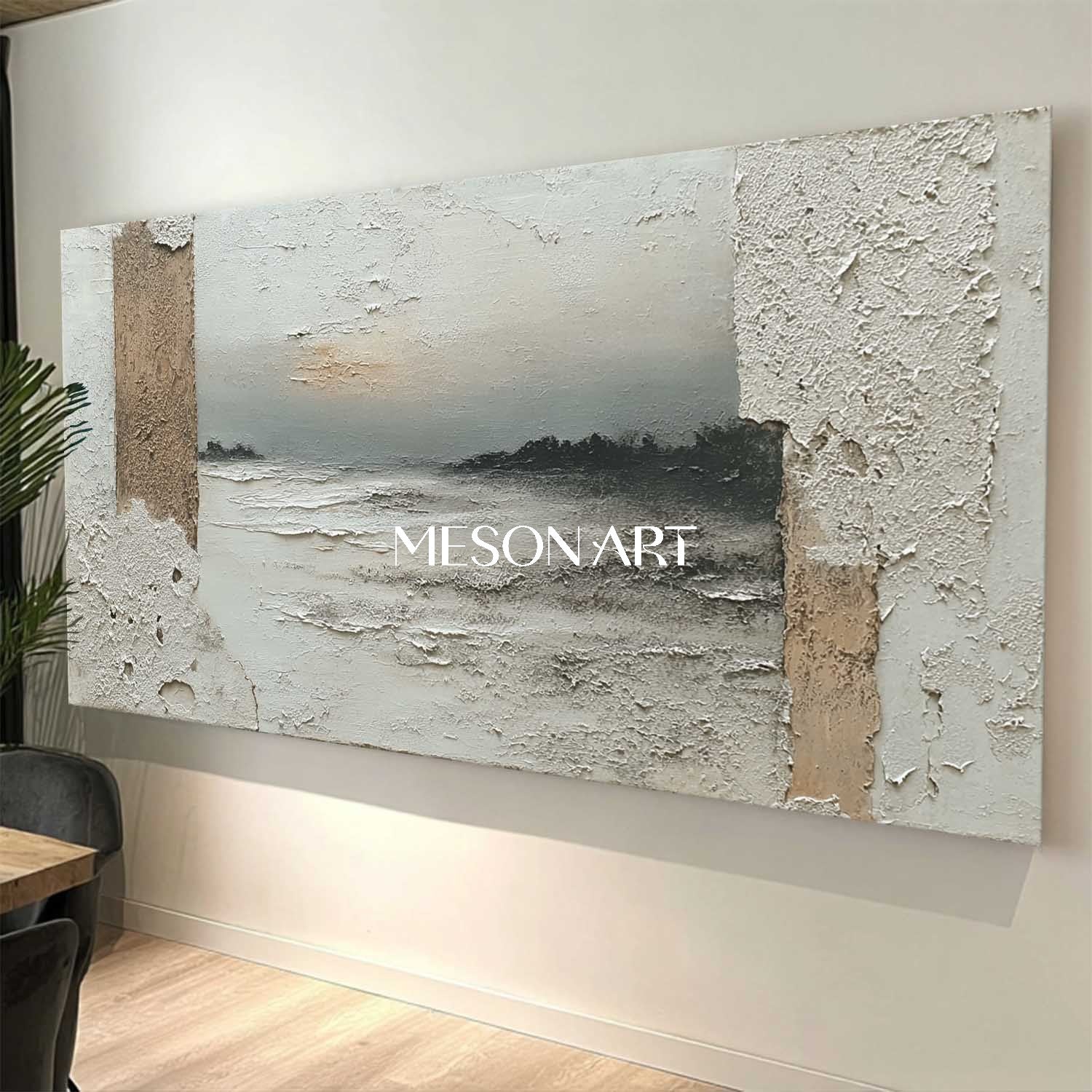 Large Gray Minimalist Landscape Painting Wabi-Sabi Textured Wall Art