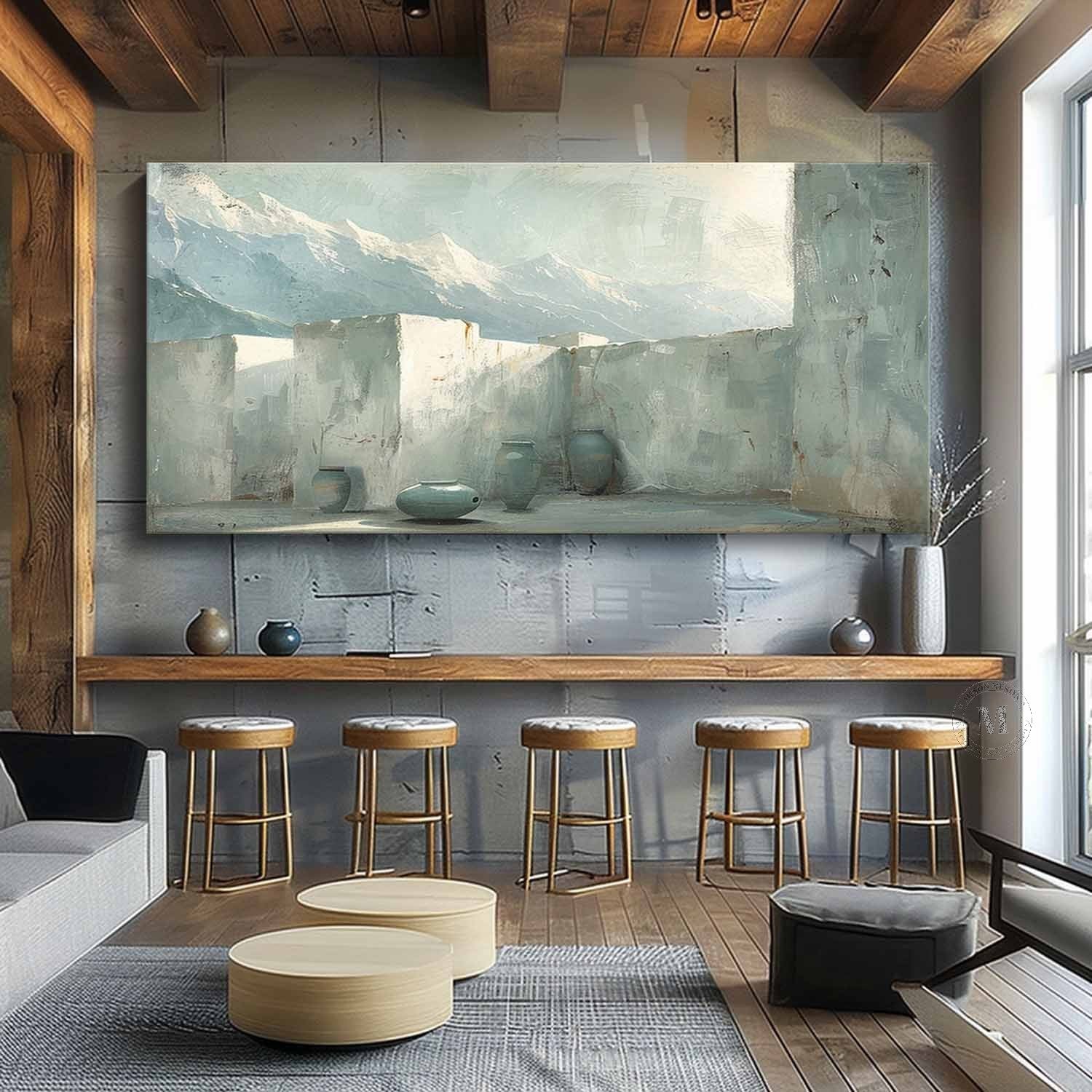 Grey and Green Landscape Canvas Art Wabi-Sabi Wall Art Modern Grey and Green Abstract Wall Art Decor