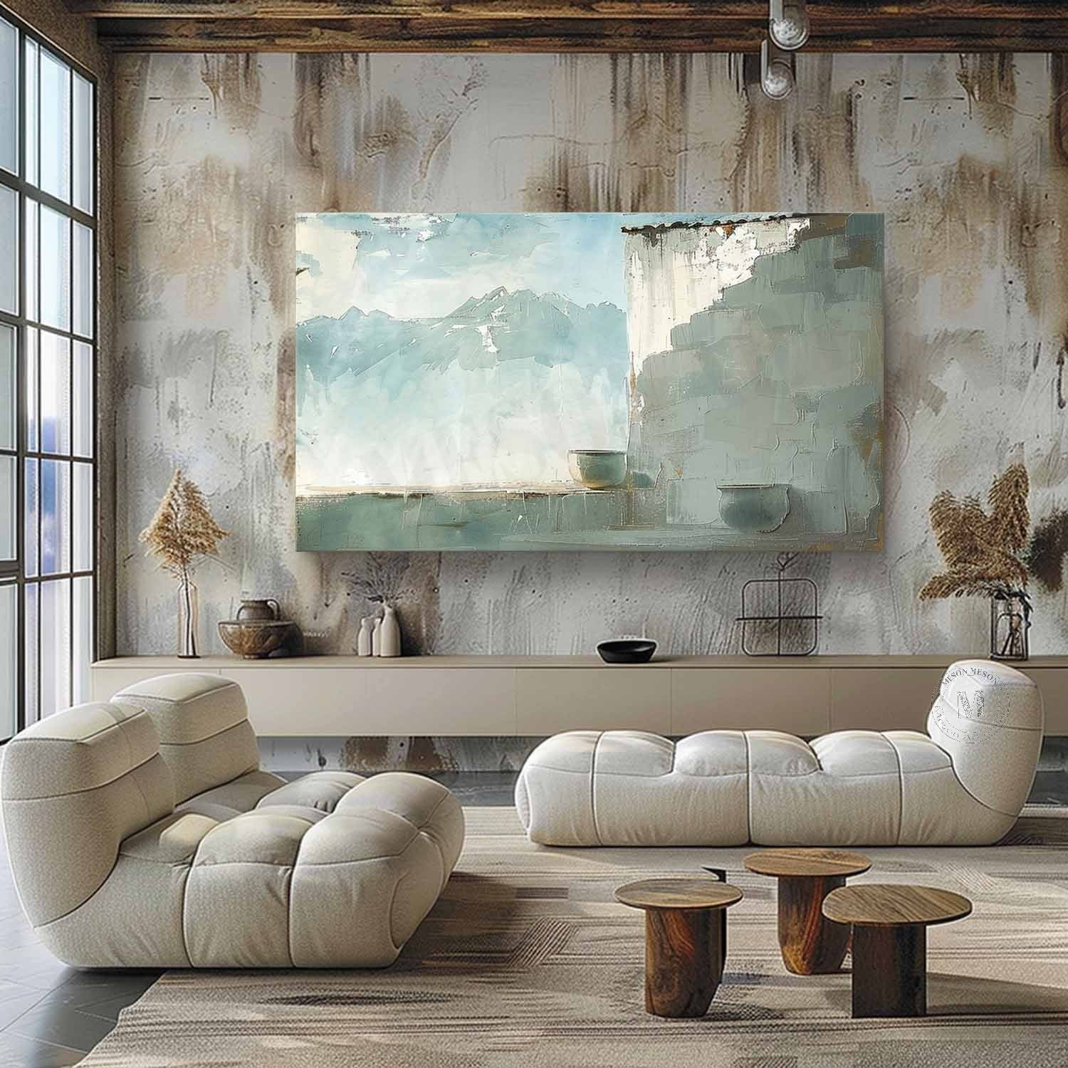 Large Green and Grey Landscape Canvas Art for Sale Wabi-Sabi Wall Art Green Landscape Painting