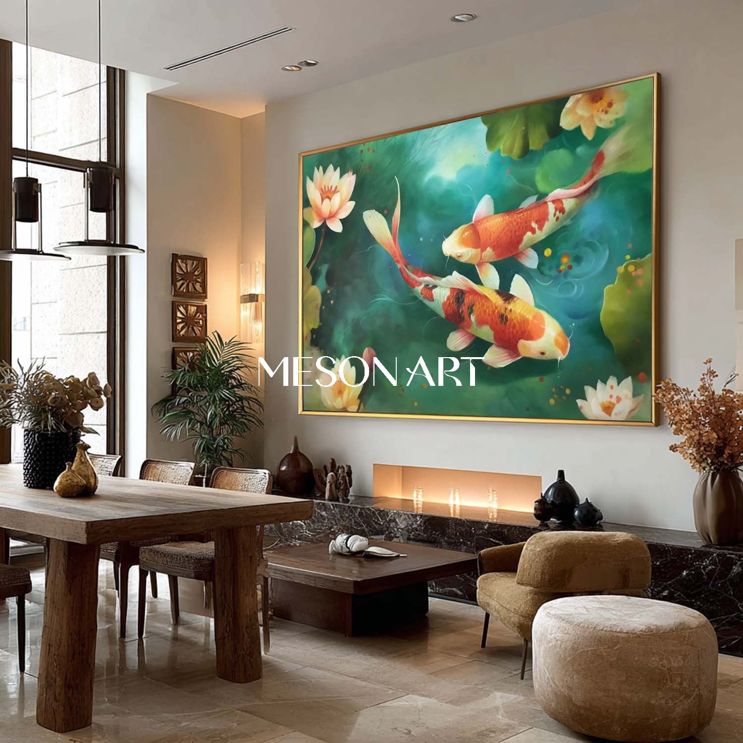Hand-Painted Romantic Koi Fish Couple Wall Art Lotus Pond Canvas Decor