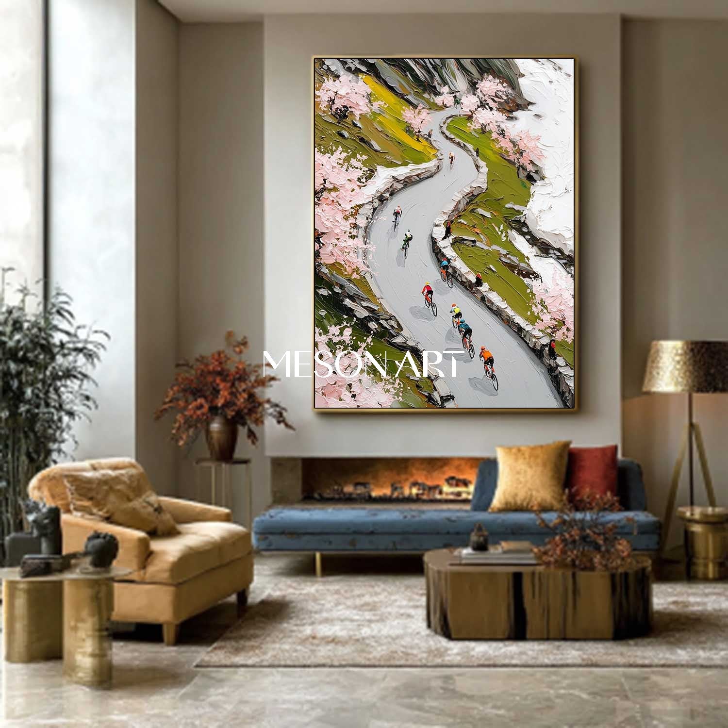 Handmade Impasto Painting Spring Mountain Cycling Canvas Art Entryway