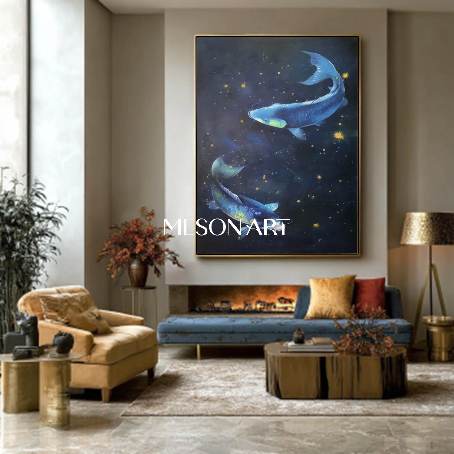 Luxury Hand-Painted Blue Koi Fish Wall Art Feng Shui Canvas Painting