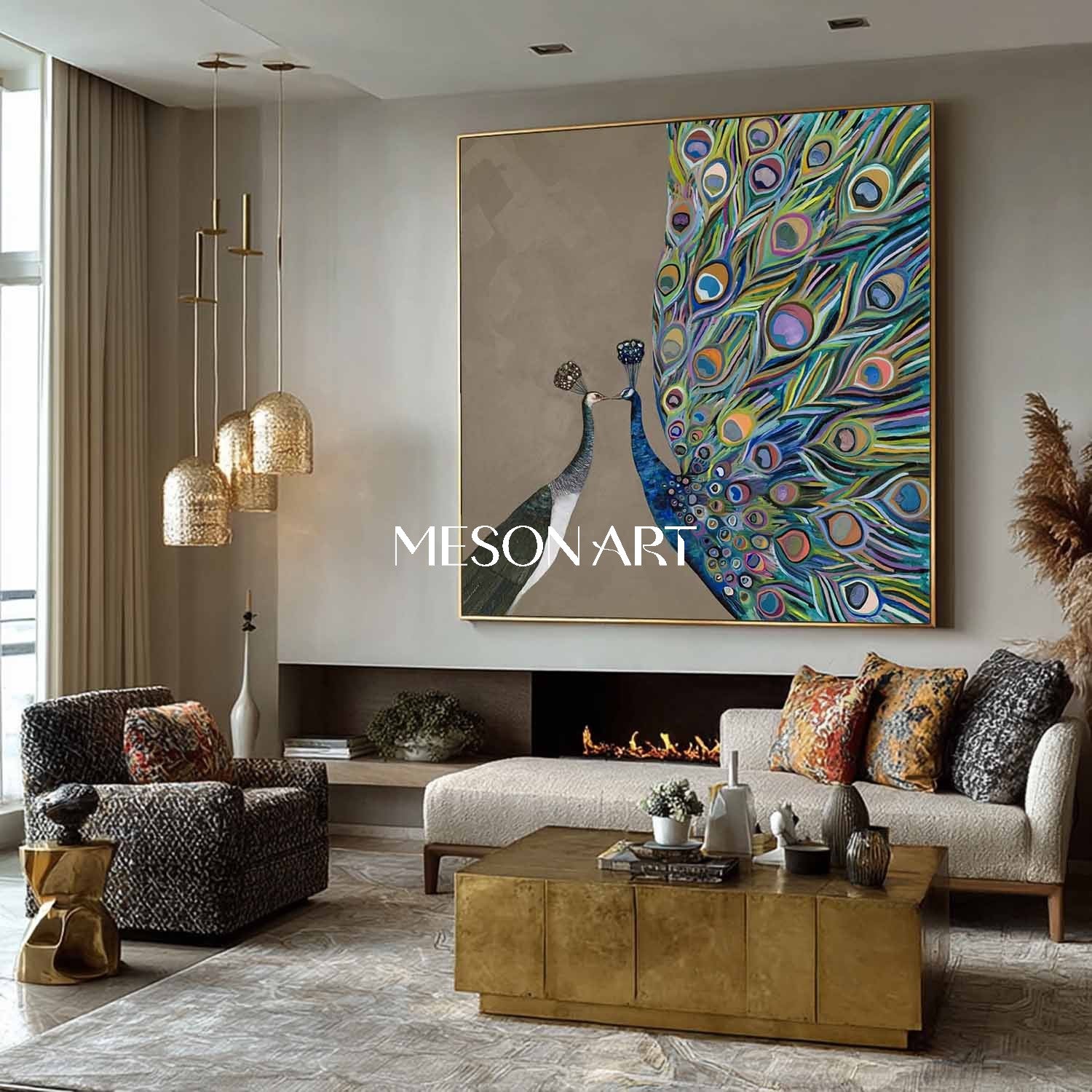 Modern Abstract Peacock Couple Wall Art Brown Canvas Painting Enterway