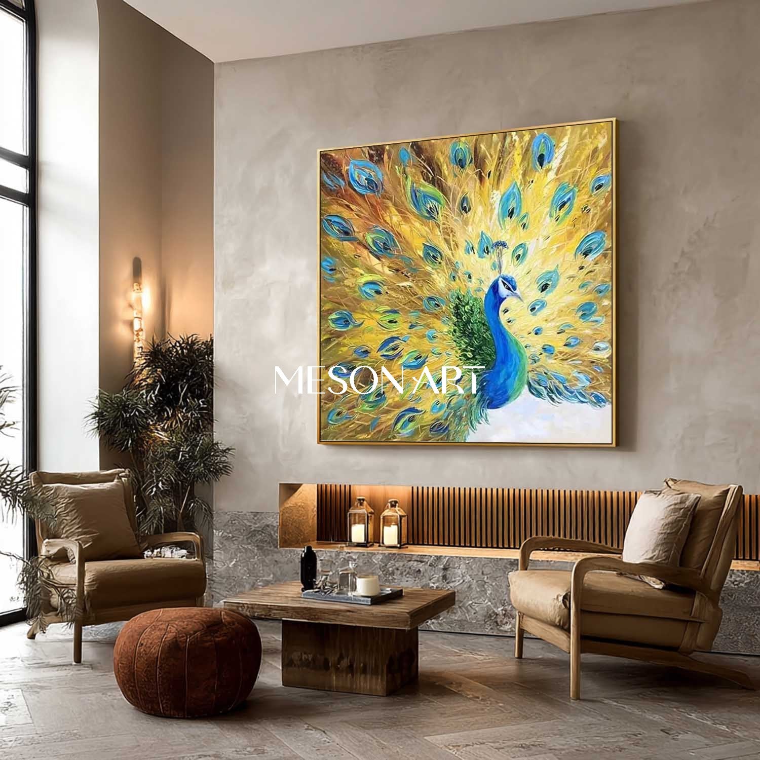 Handmade Modern Luxury Golden Peacock Wall Art Vibrant Canvas Painting